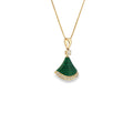 14K yellow gold fan-shaped pendant with striped green malachite and diamond accents along the curved design.