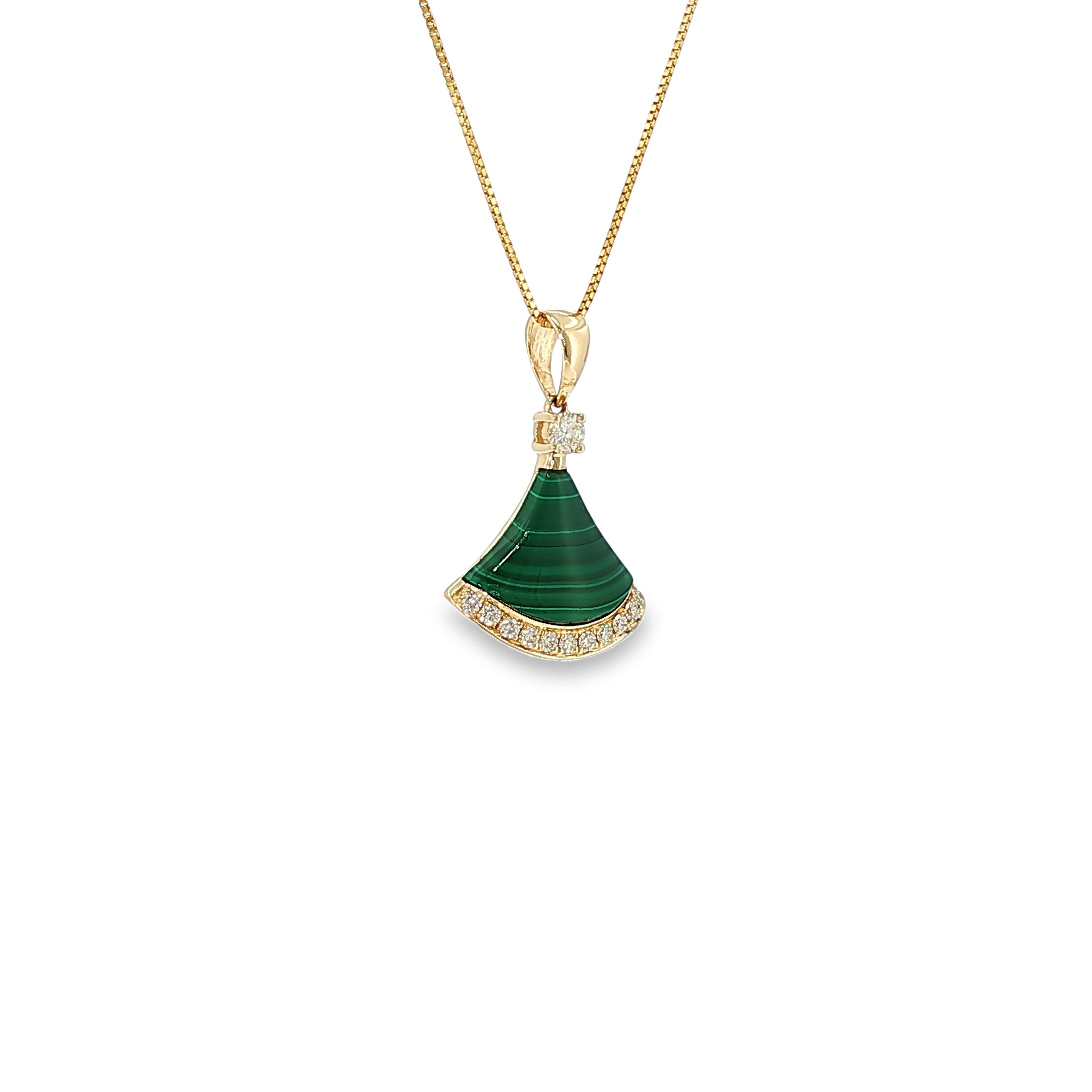 14K yellow gold fan-shaped pendant with striped green malachite and diamond accents along the curved design.