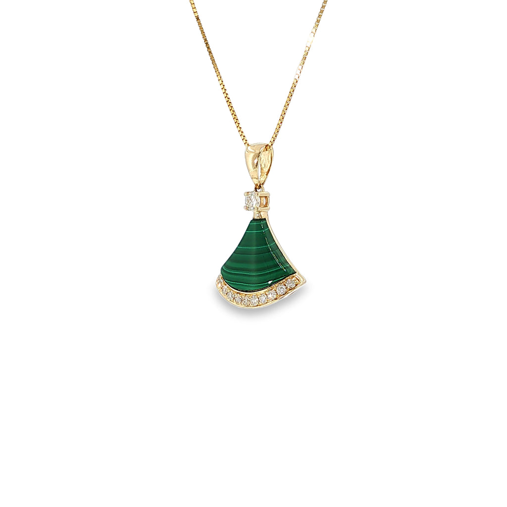 14K yellow gold fan-shaped pendant with striped green malachite and diamond accents along the curved design.