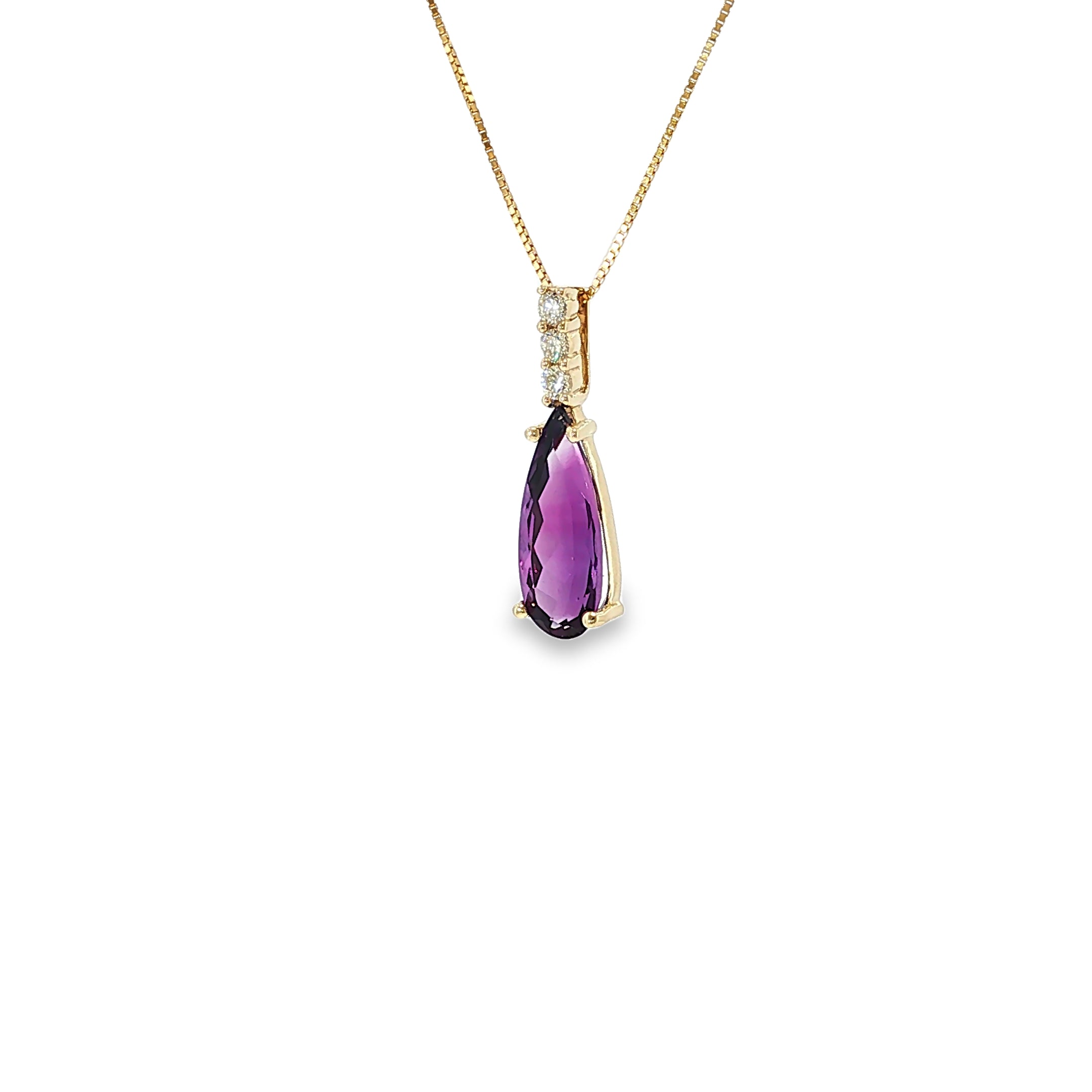 14K yellow gold drop pendant with a pear-shaped purple amethyst and three round diamond accents.