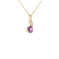 14K yellow gold swirl pendant with an oval purple amethyst framed by flowing gold and diamond accents.