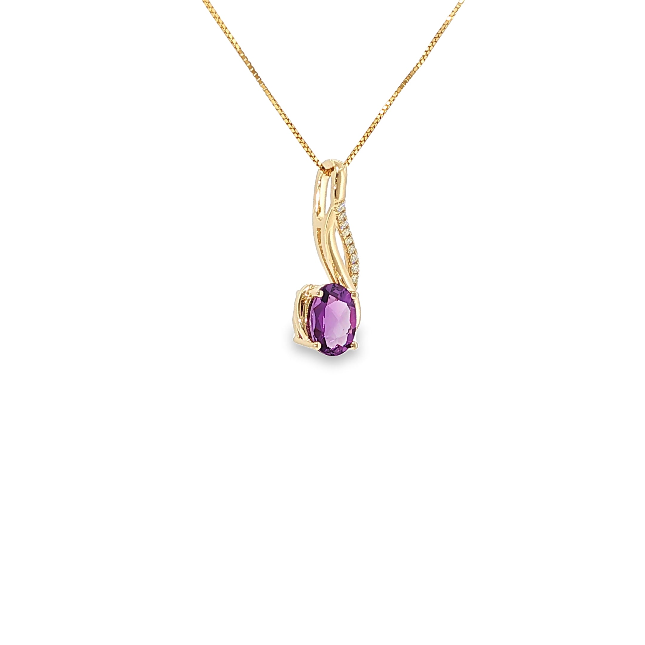 14K yellow gold swirl pendant with an oval purple amethyst framed by flowing gold and diamond accents.