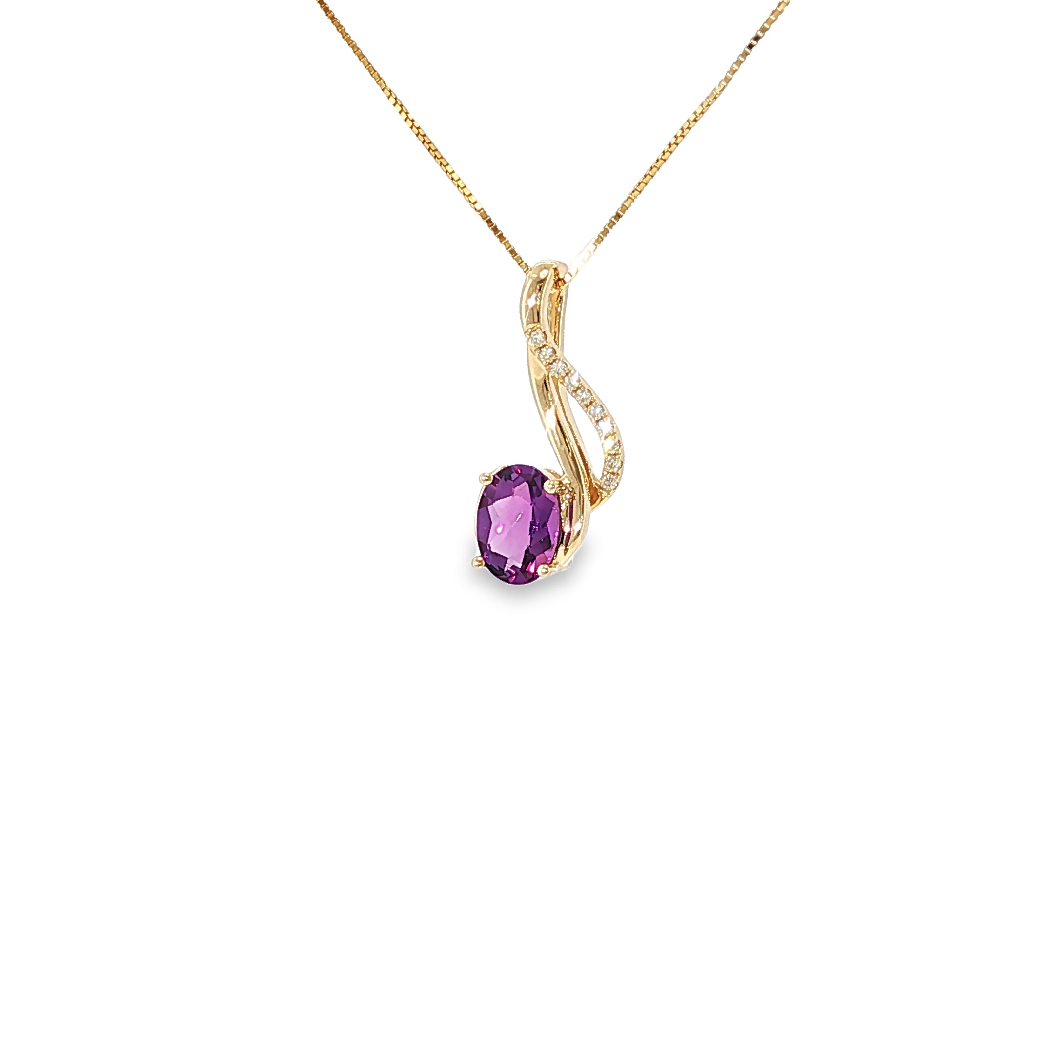 14K yellow gold swirl pendant with an oval purple amethyst framed by flowing gold and diamond accents.