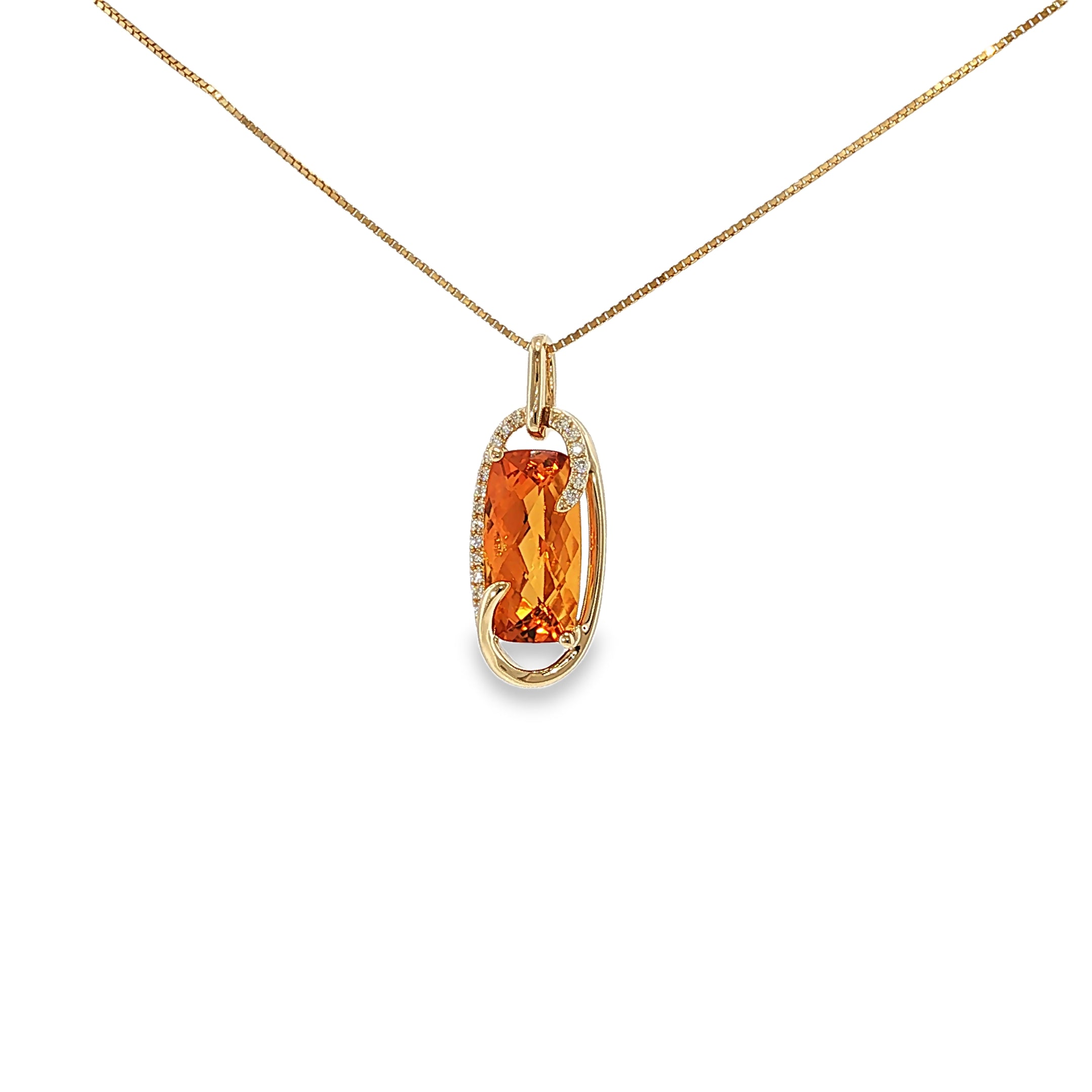 14K yellow gold pendant with an elongated golden-orange citrine framed by sweeping curves and diamond accents.