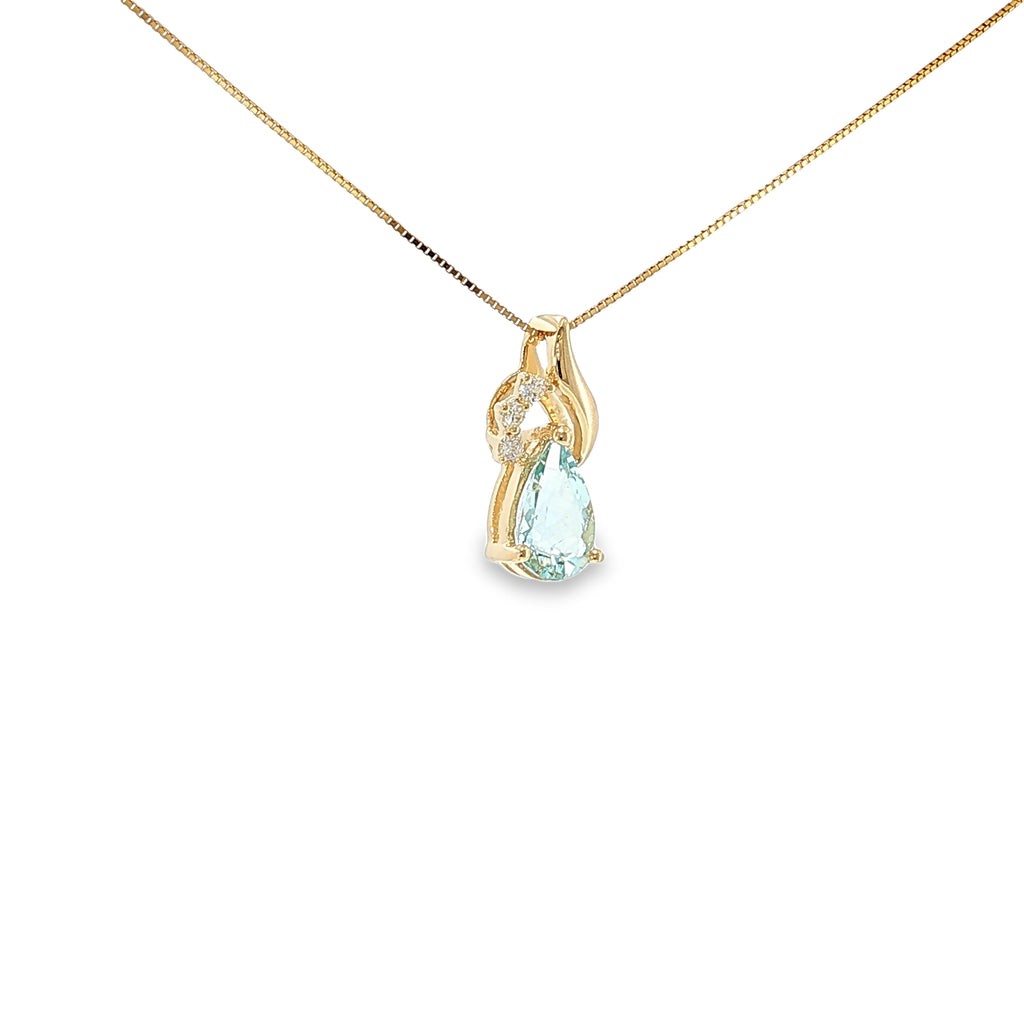 14K yellow gold swirl pendant with a pear-shaped pale blue aquamarine and three diamond accents.