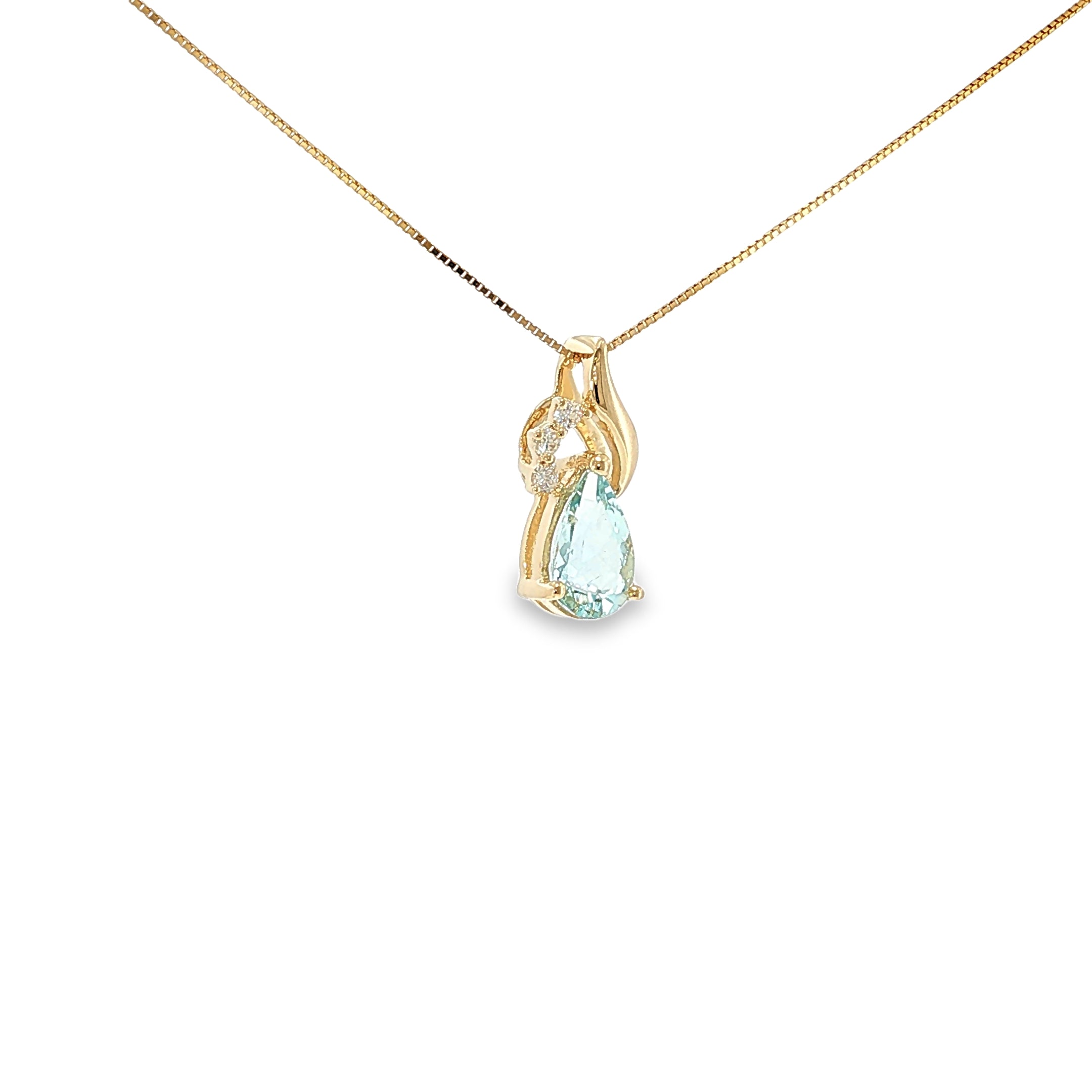 14K yellow gold swirl pendant with a pear-shaped pale blue aquamarine and three diamond accents.