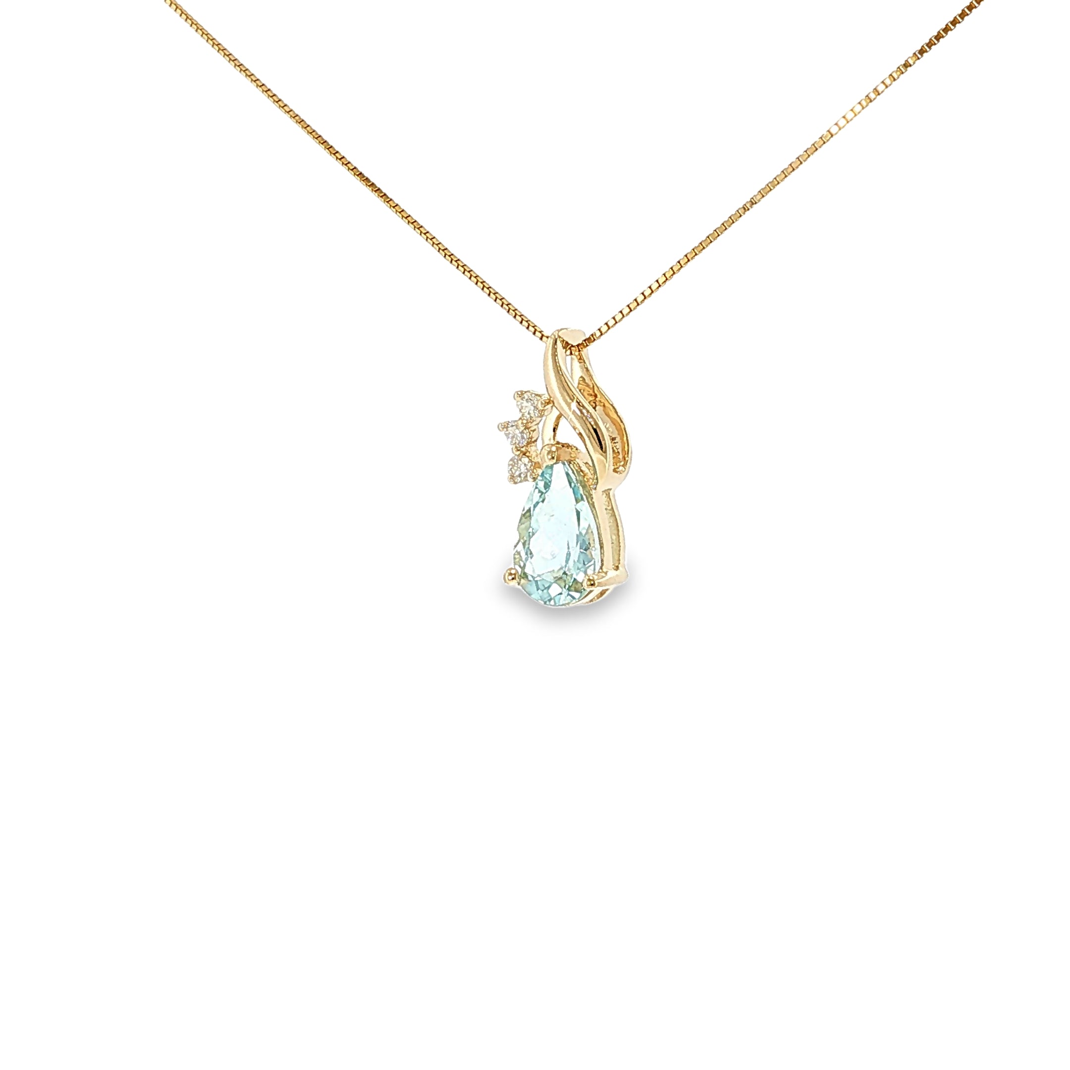 14K yellow gold swirl pendant with a pear-shaped pale blue aquamarine and three diamond accents.