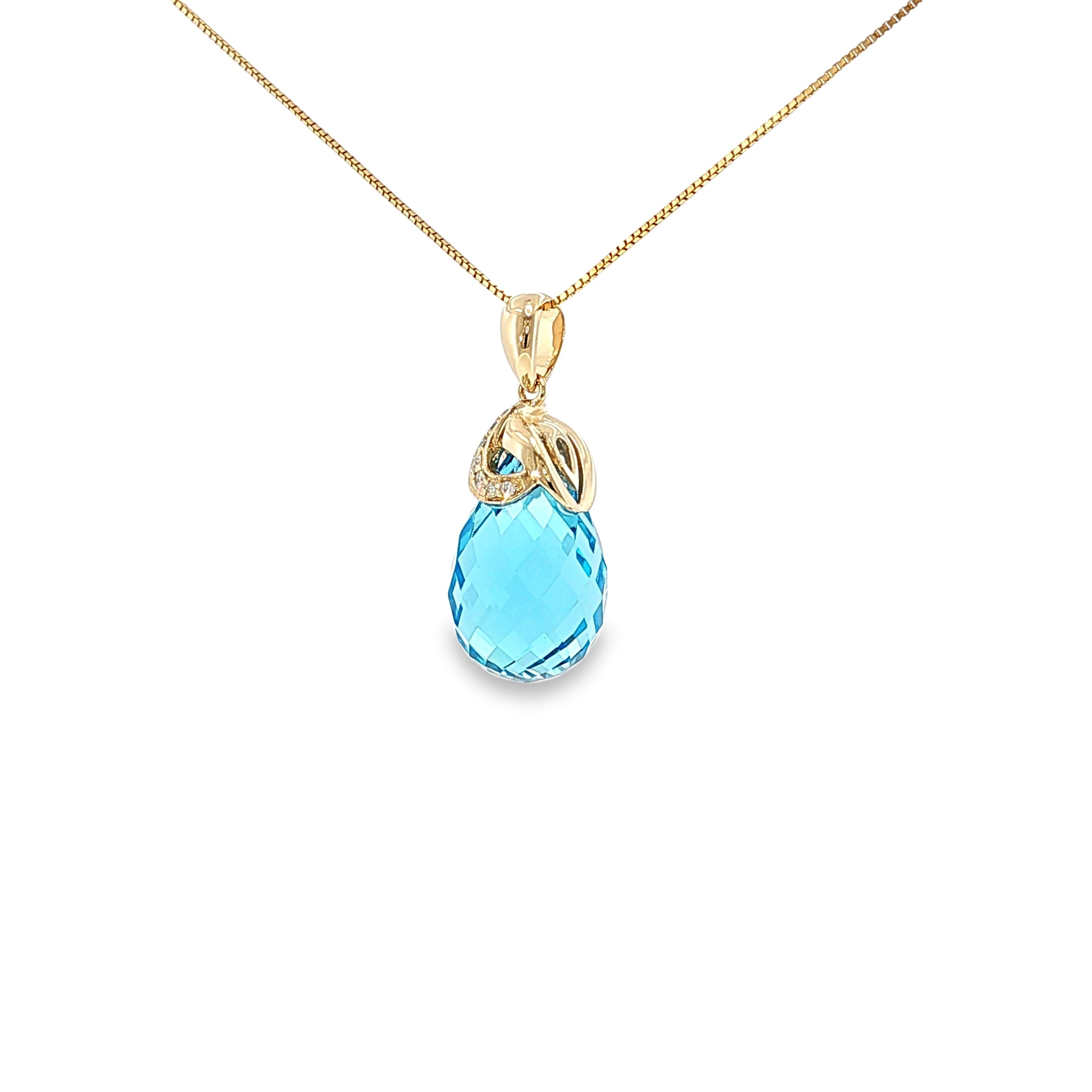 14K yellow gold drop pendant with a faceted Swiss blue topaz briolette and ornate gold cap.