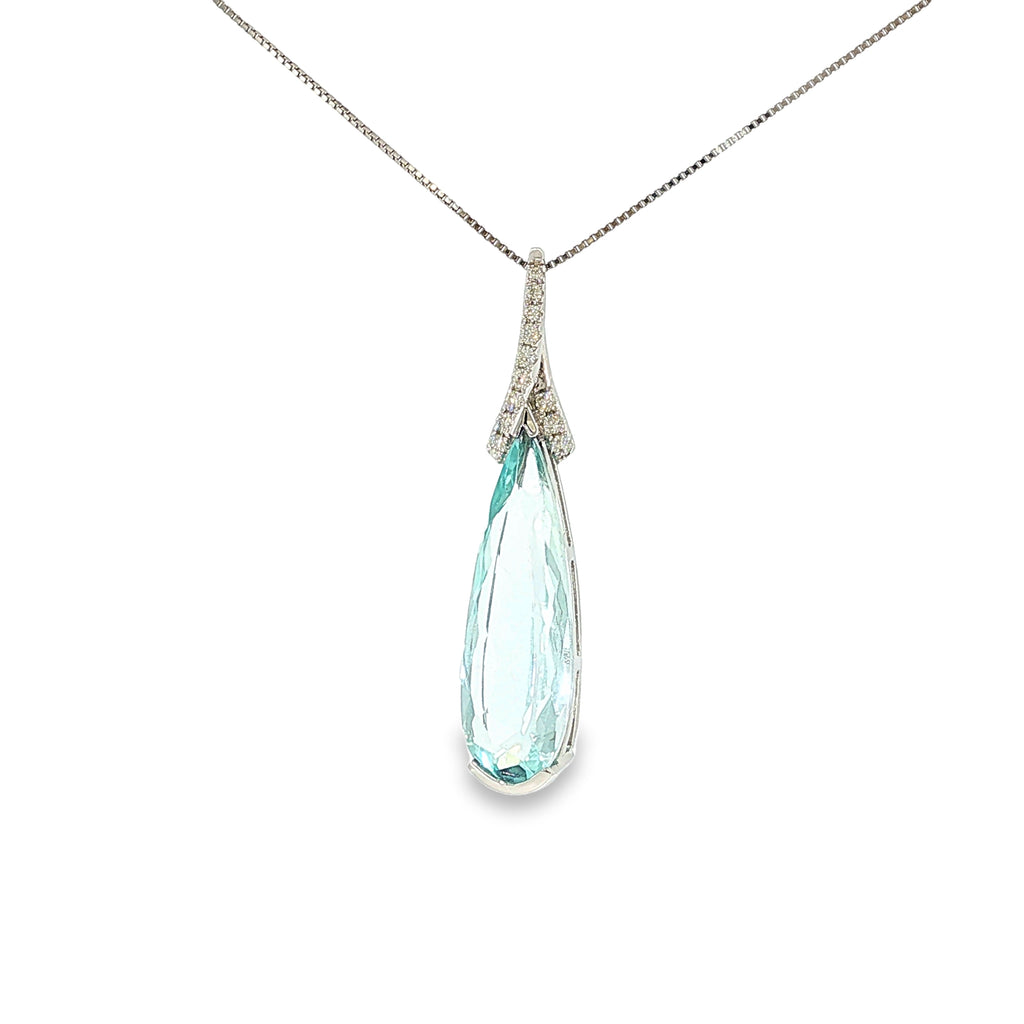 14K white gold pendant with an elongated pear-shaped pale blue aquamarine and diamond-accented sweeping bail.