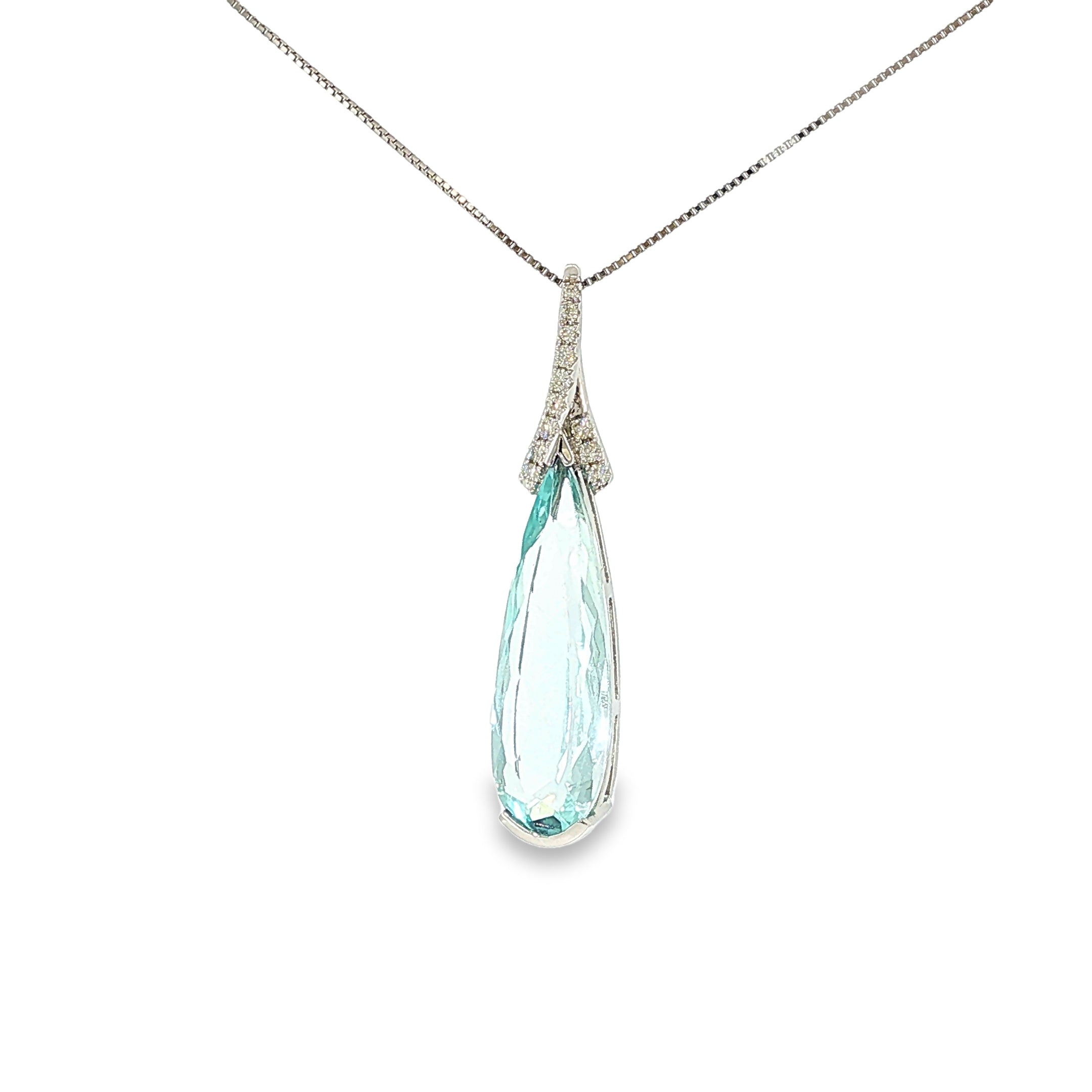 14K white gold pendant with an elongated pear-shaped pale blue aquamarine and diamond-accented sweeping bail.