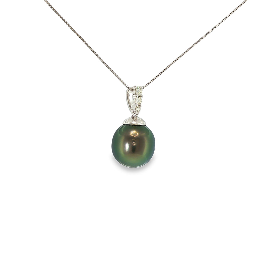 14K white gold pendant with a dark Tahitian pearl and diamond-accented bail.