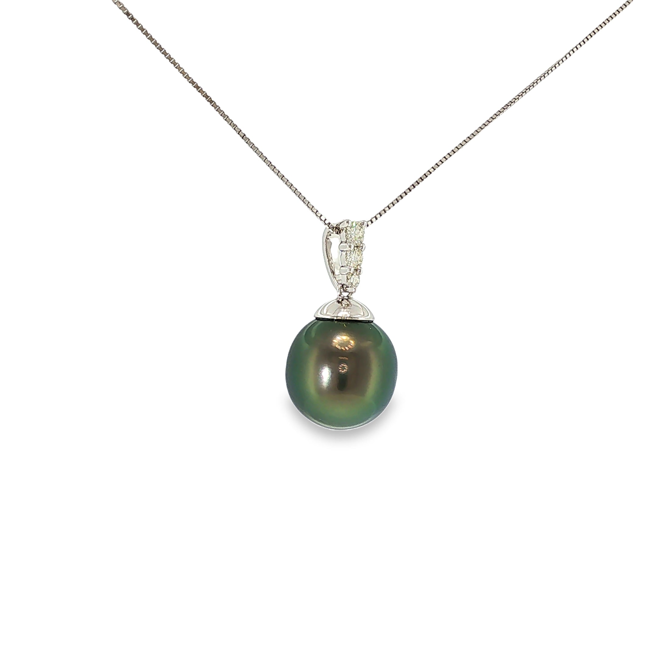 14K white gold pendant with a dark Tahitian pearl and diamond-accented bail.