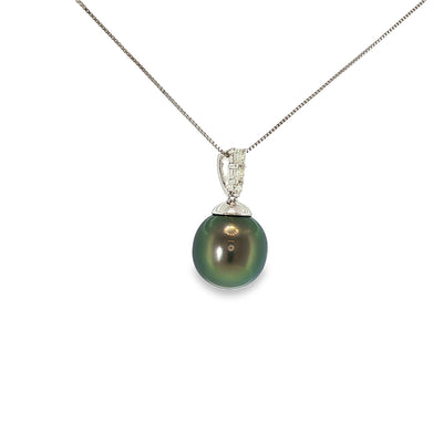 14K white gold pendant with a dark Tahitian pearl and diamond-accented bail.