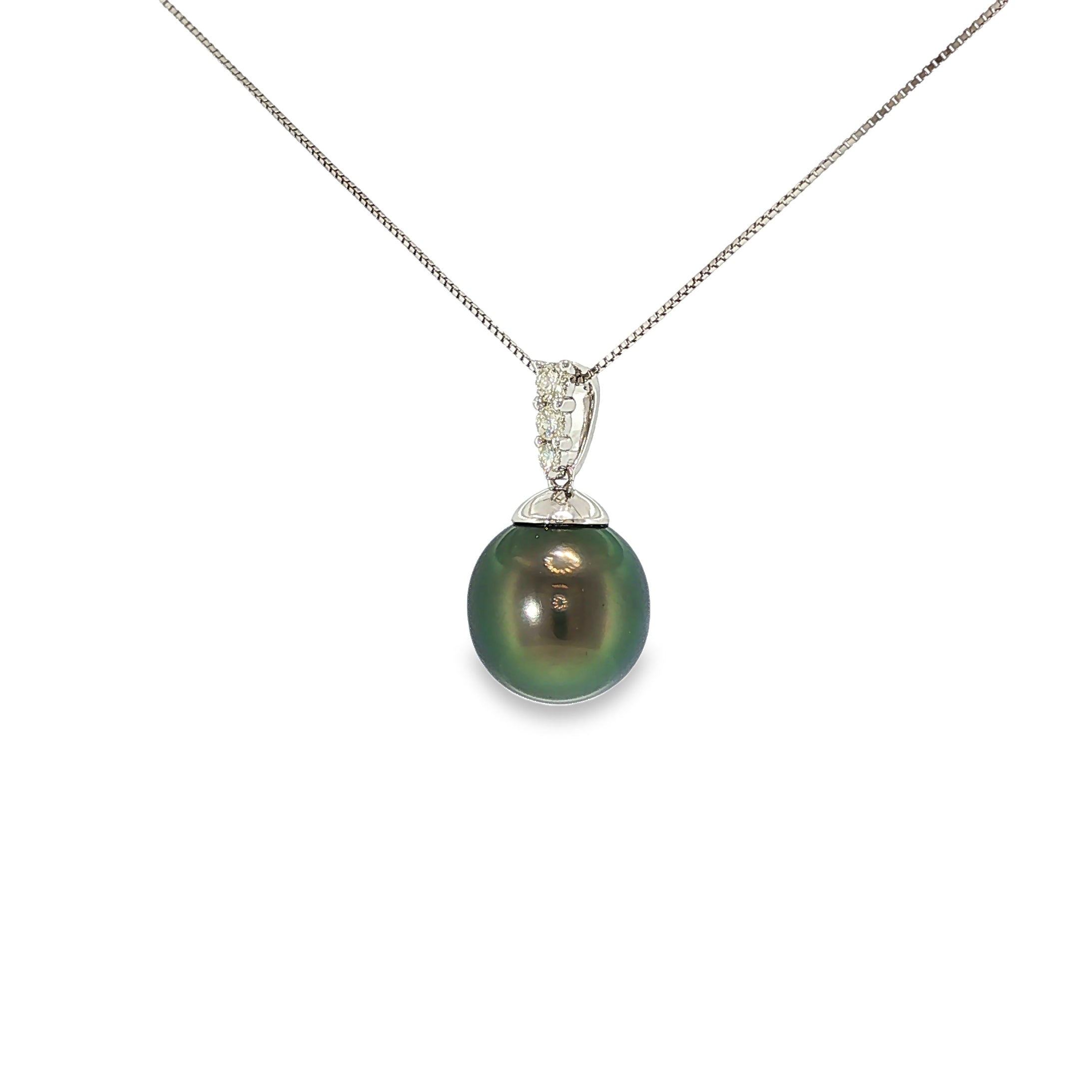 14K white gold pendant with a dark Tahitian pearl and diamond-accented bail.