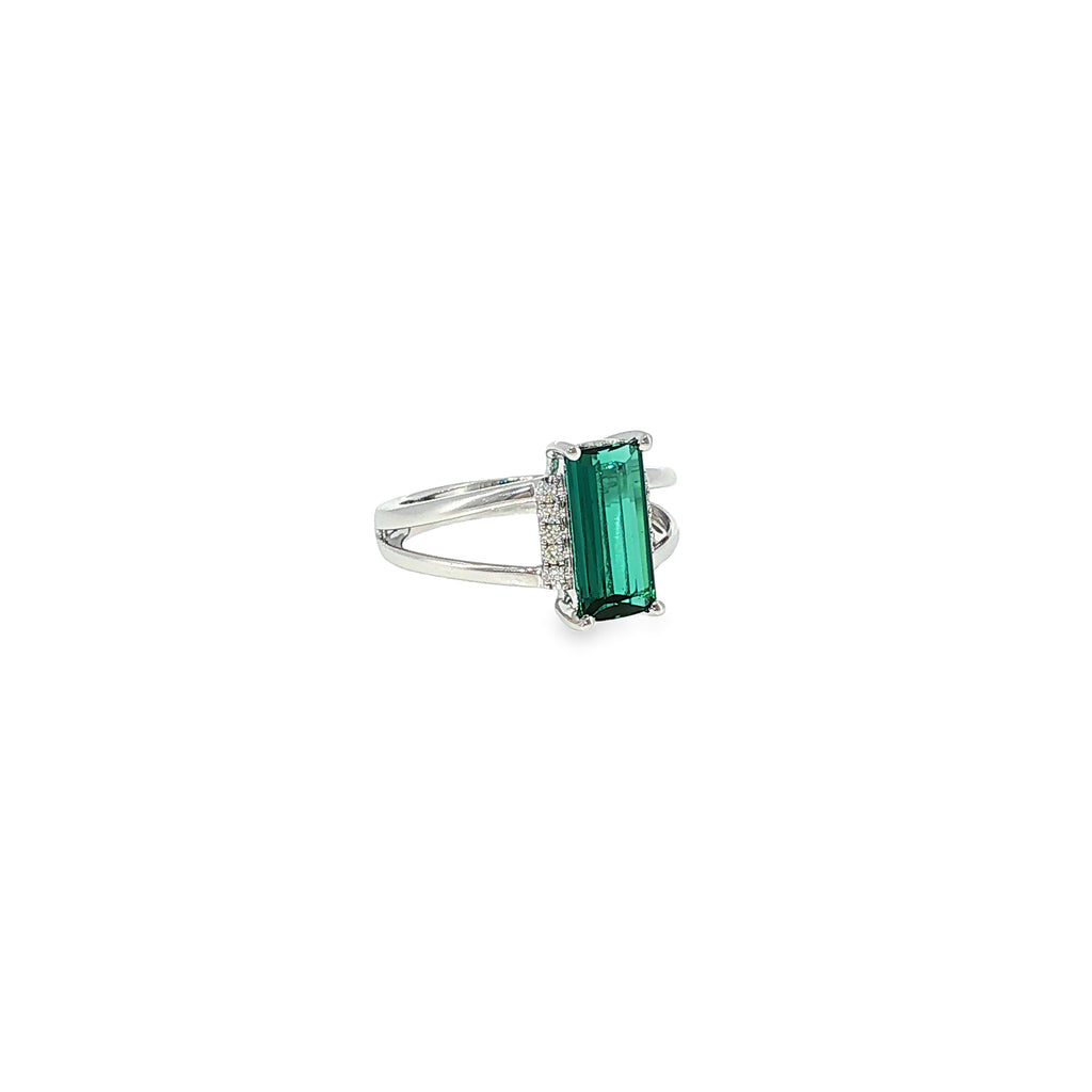 14K white gold split-shank ring with an emerald-cut green tourmaline center and diamond accents.