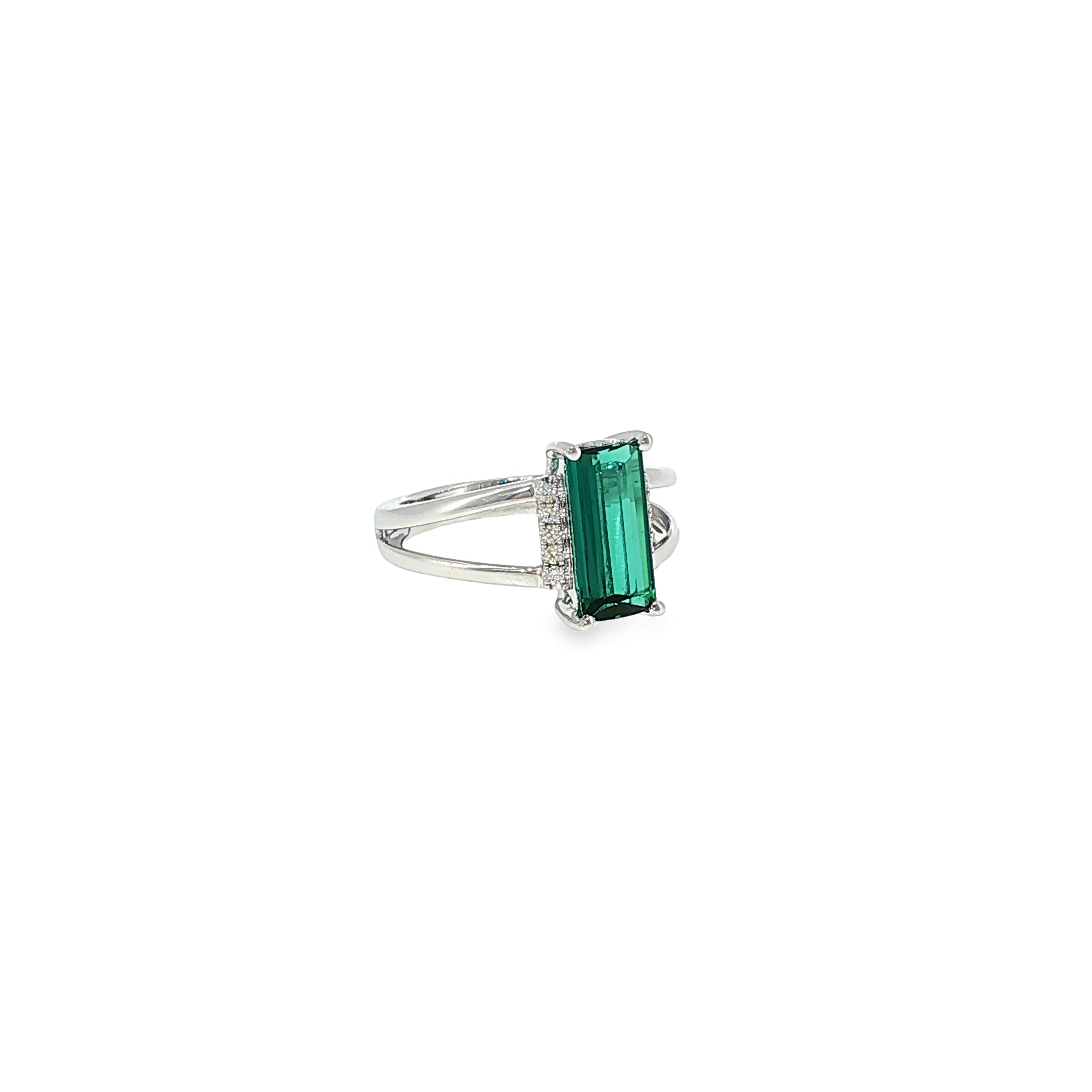 14K white gold split-shank ring with an emerald-cut green tourmaline center and diamond accents.