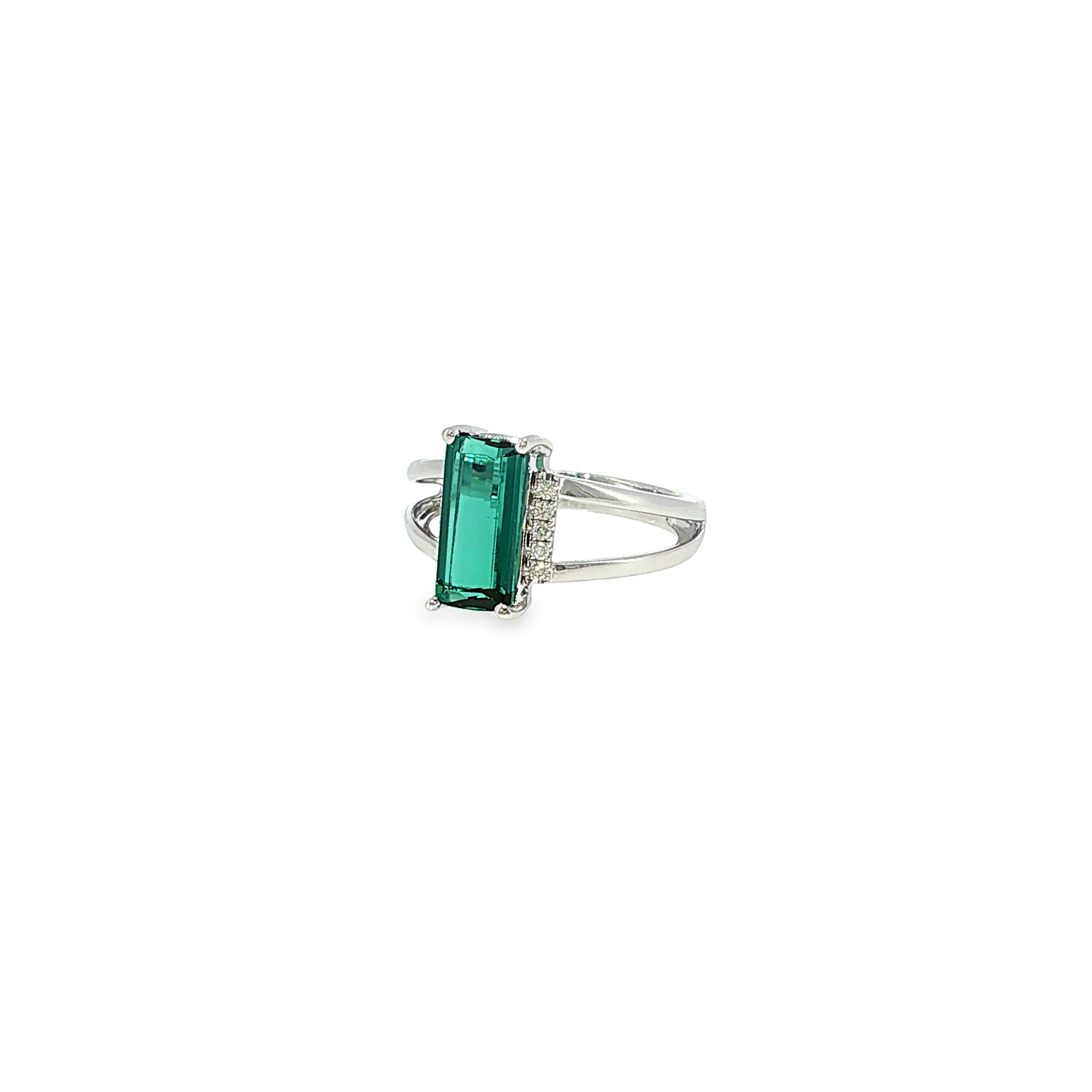 14K white gold split-shank ring with an emerald-cut green tourmaline center and diamond accents.