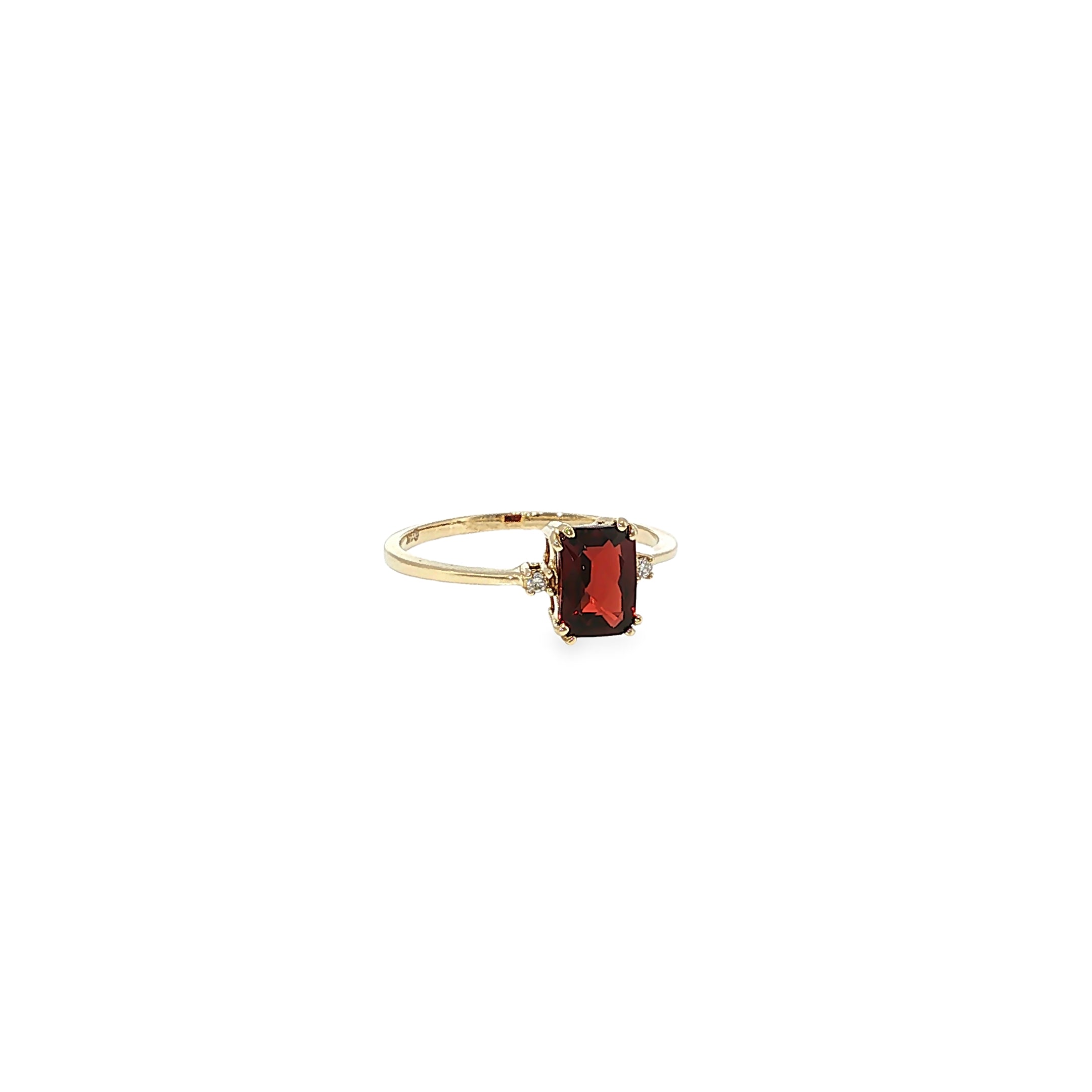 14K yellow gold three-stone ring with a checkerboard-cut deep red garnet flanked by two diamond accents.