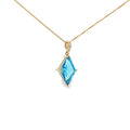 14K yellow gold pendant with a kite-cut Swiss blue topaz and two diamond accents.