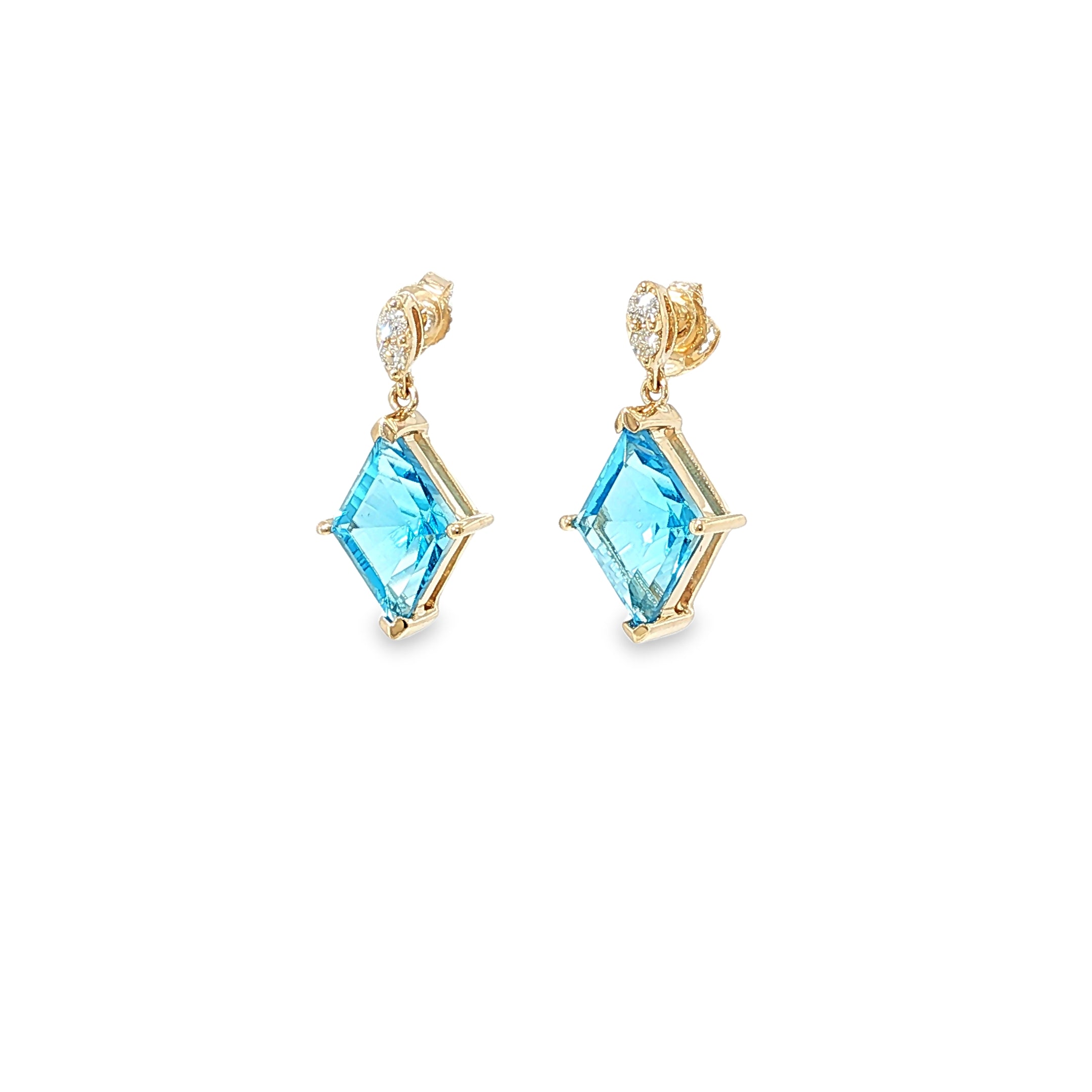 14K yellow gold drop earrings with kite-cut Swiss blue topaz gemstones and diamond accents.