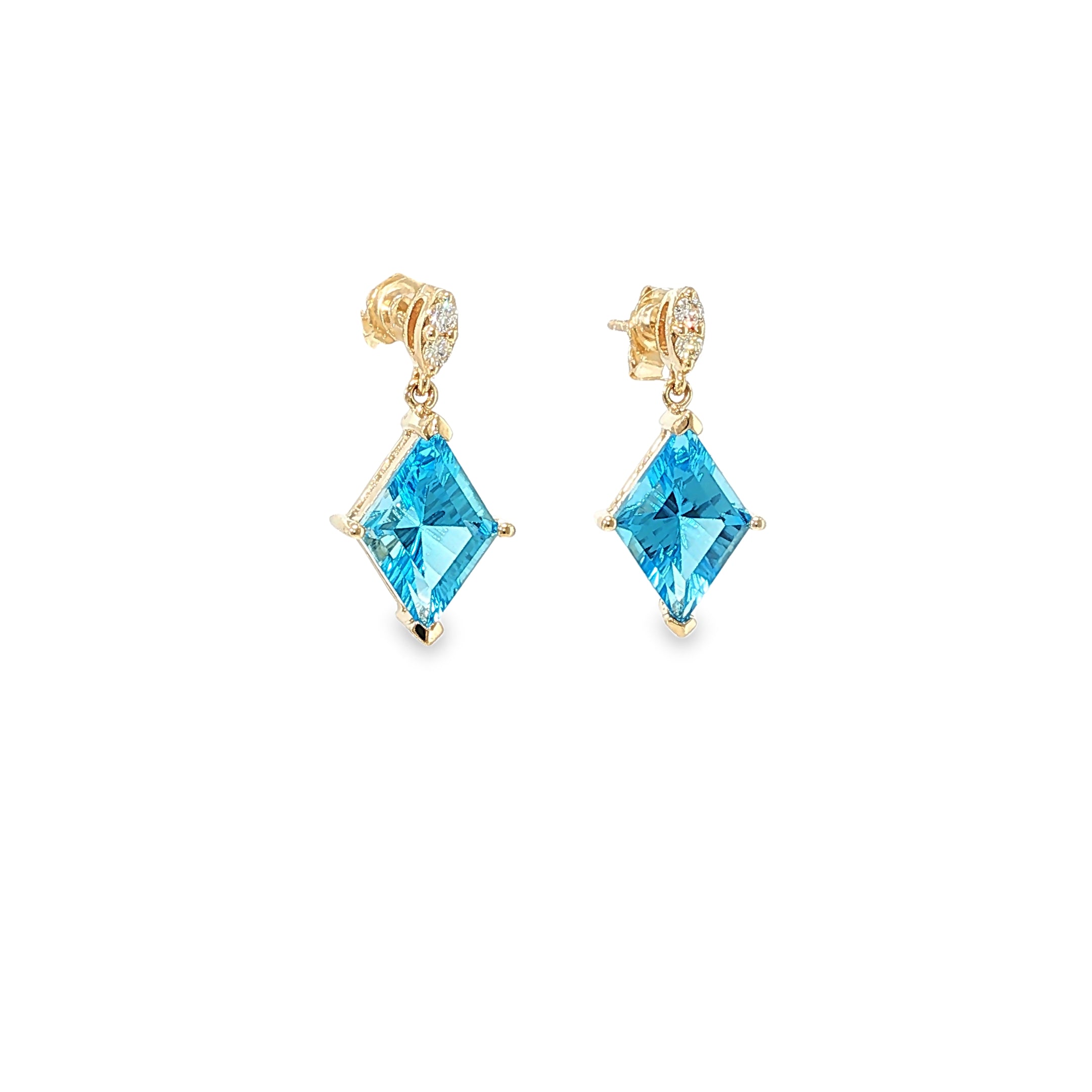 14K yellow gold drop earrings with kite-cut Swiss blue topaz gemstones and diamond accents.