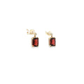 14K yellow gold drop earrings with checkerboard-cut deep red garnets and diamond accents.