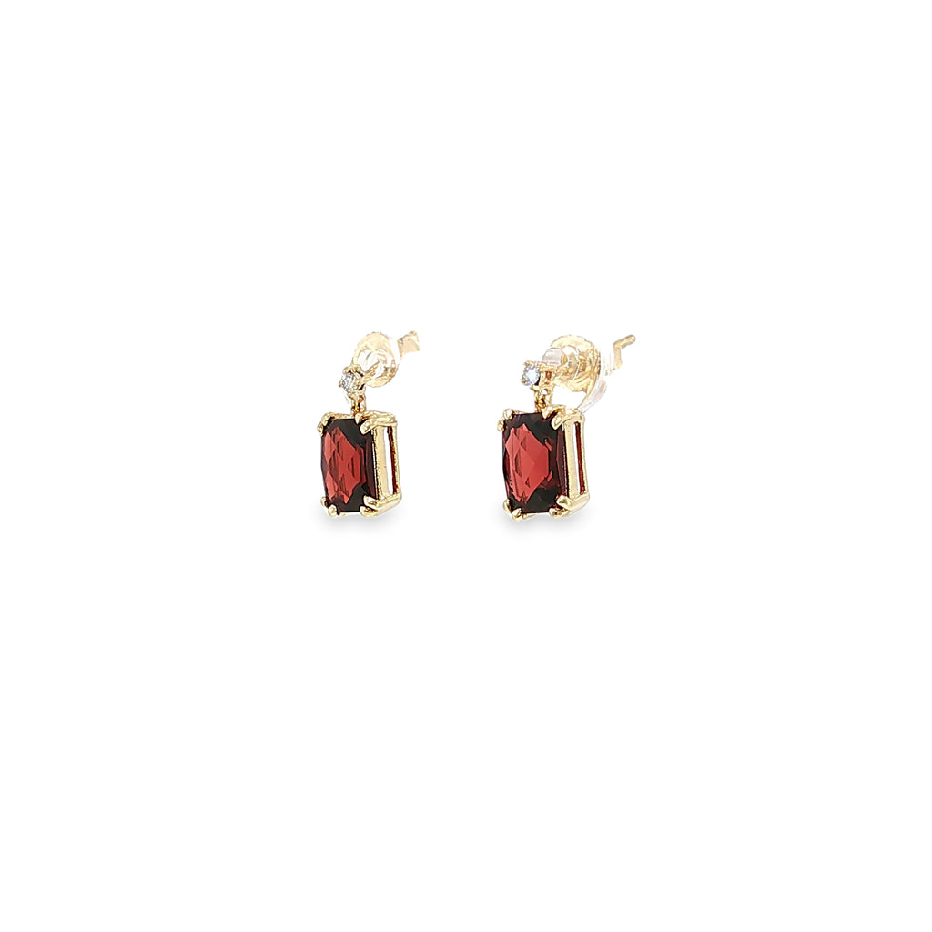 14K yellow gold drop earrings with checkerboard-cut deep red garnets and diamond accents.