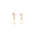 14K yellow gold drop earrings with freshwater pearls suspended from elongated paperclip-style links.