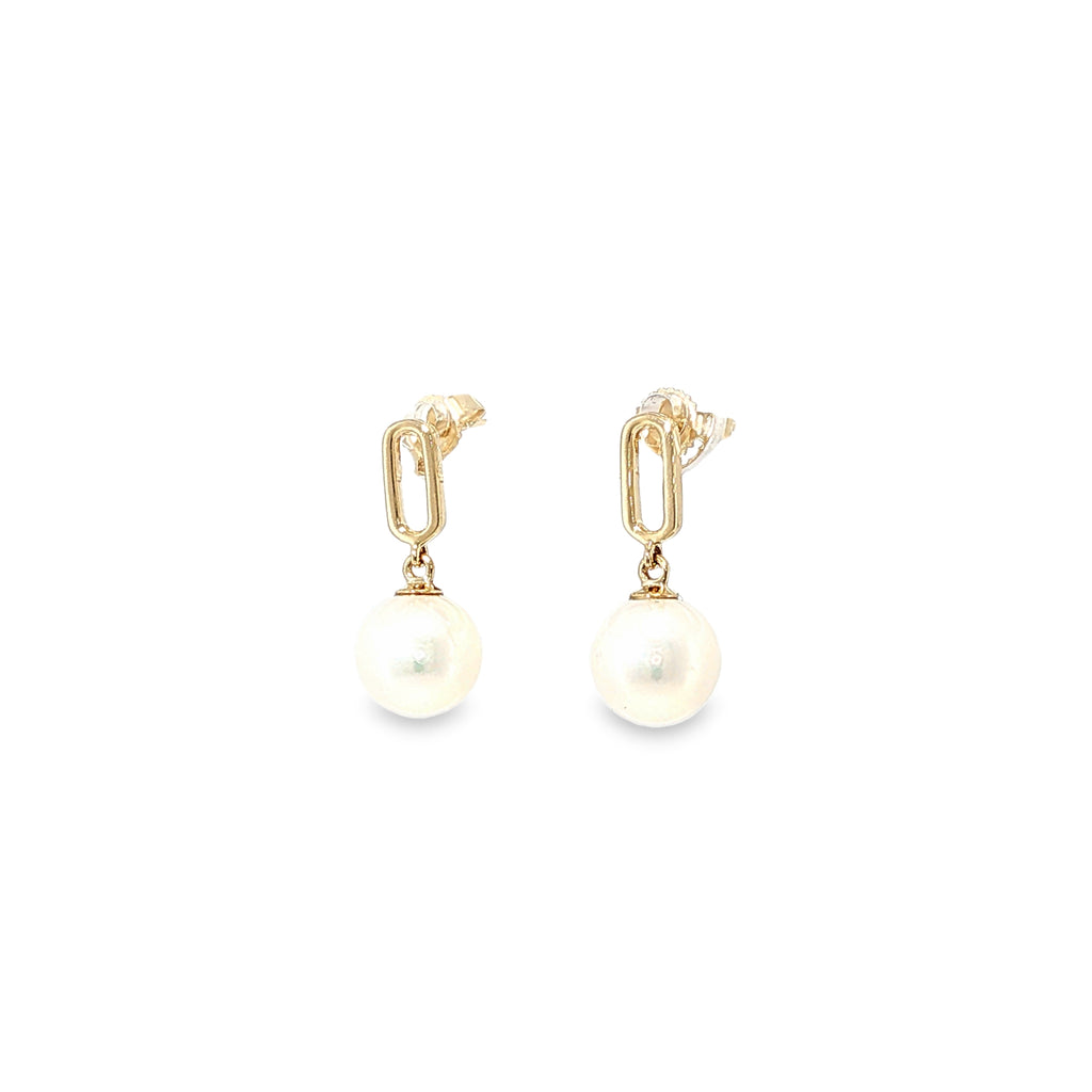 14K yellow gold drop earrings with freshwater pearls suspended from elongated paperclip-style links.