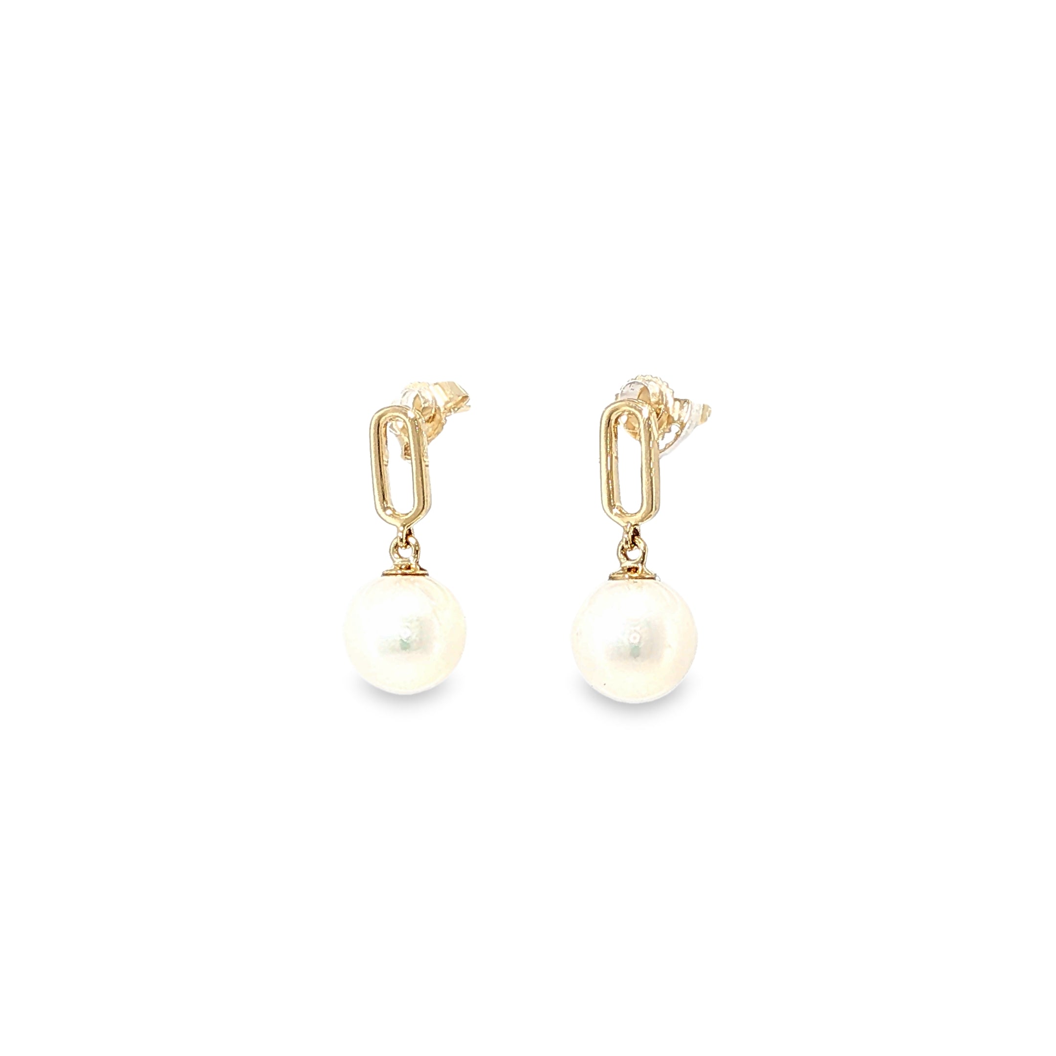 14K yellow gold drop earrings with freshwater pearls suspended from elongated paperclip-style links.