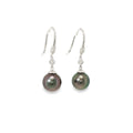14K white gold wire drop earrings with dark Tahitian pearls and diamond accents.