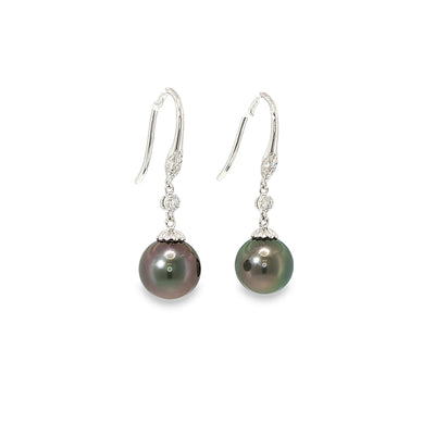14K white gold wire drop earrings with dark Tahitian pearls and diamond accents.