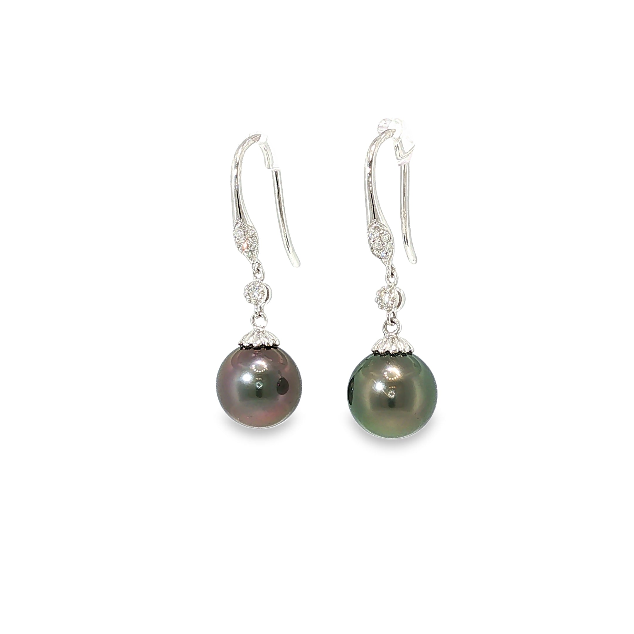 14K white gold wire drop earrings with dark Tahitian pearls and diamond accents.