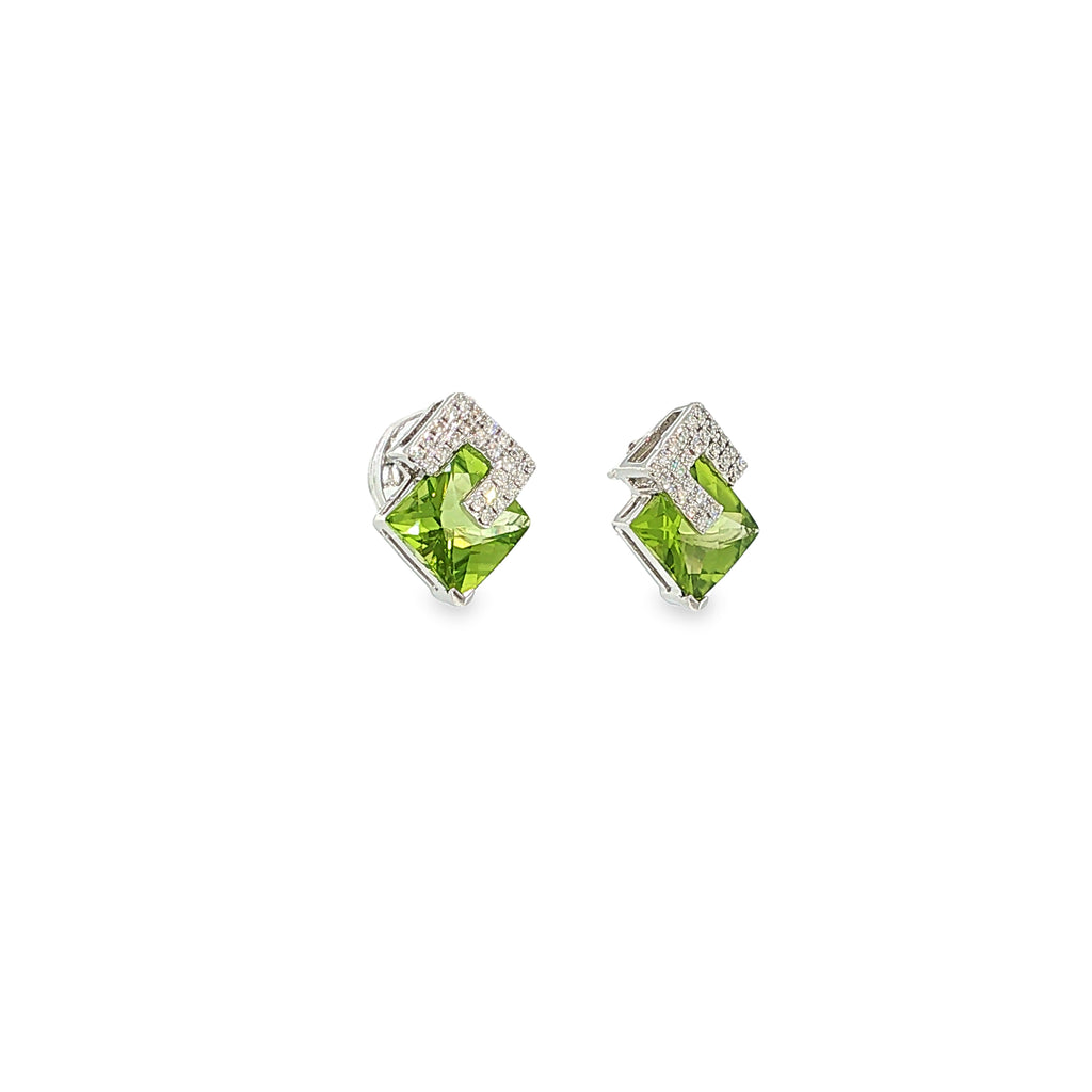 14K white gold geometric stud earrings with square green peridots and diamond accents.