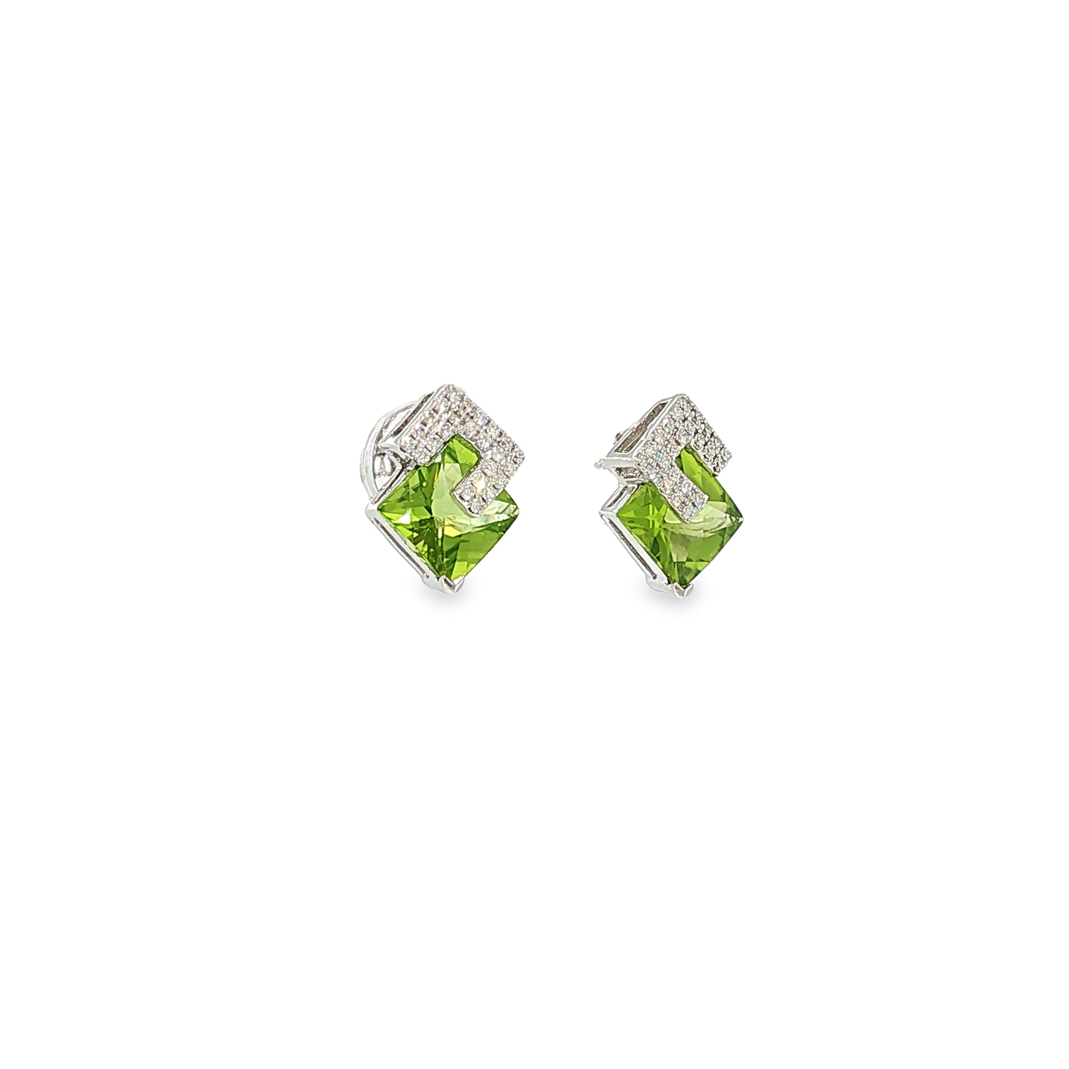 14K white gold geometric stud earrings with square green peridots and diamond accents.