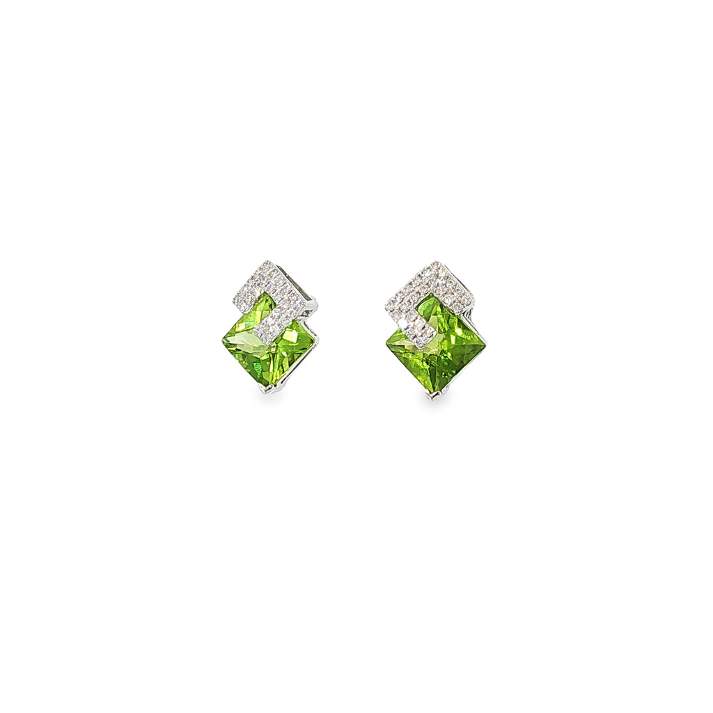 14K white gold geometric stud earrings with square green peridots and diamond accents.