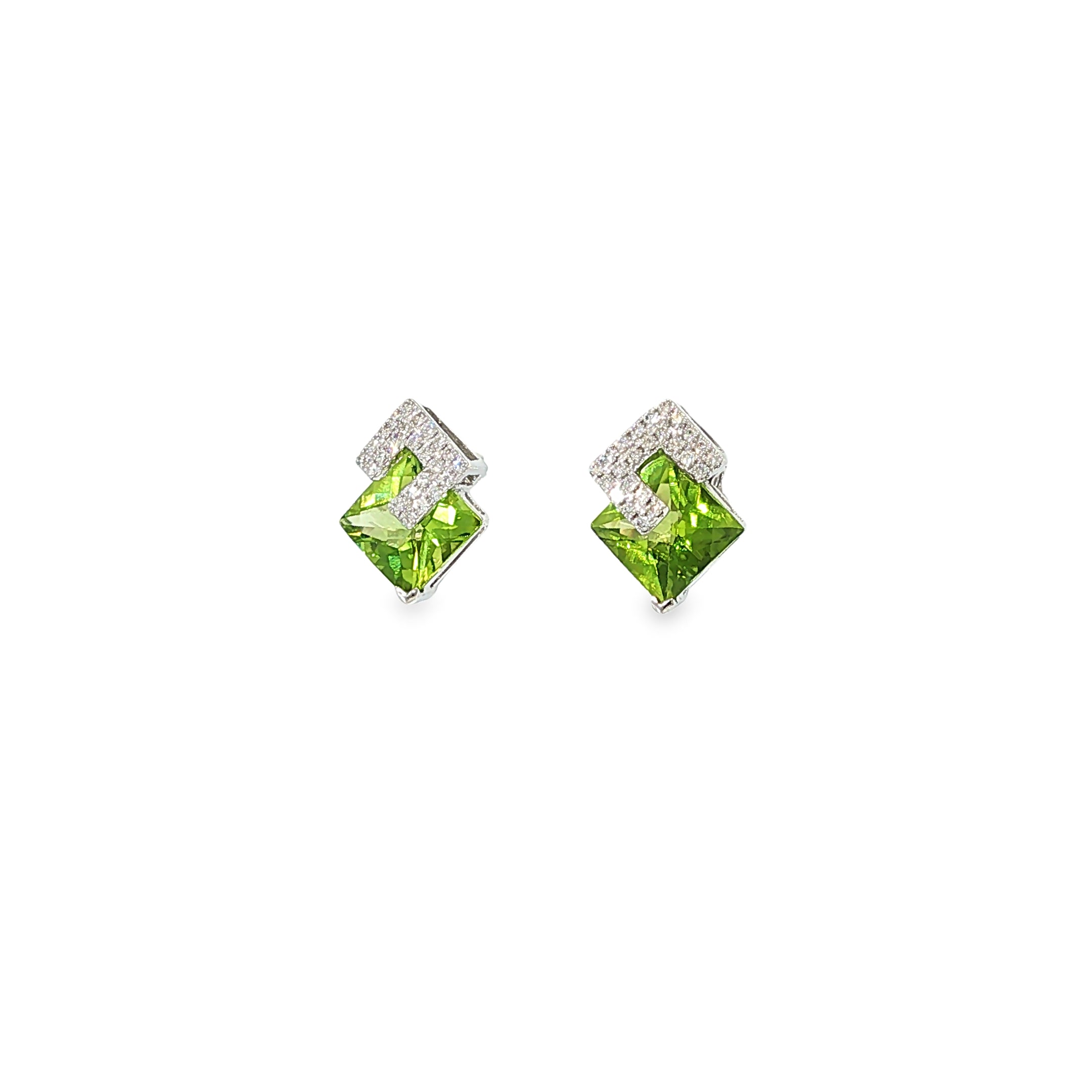 14K white gold geometric stud earrings with square green peridots and diamond accents.
