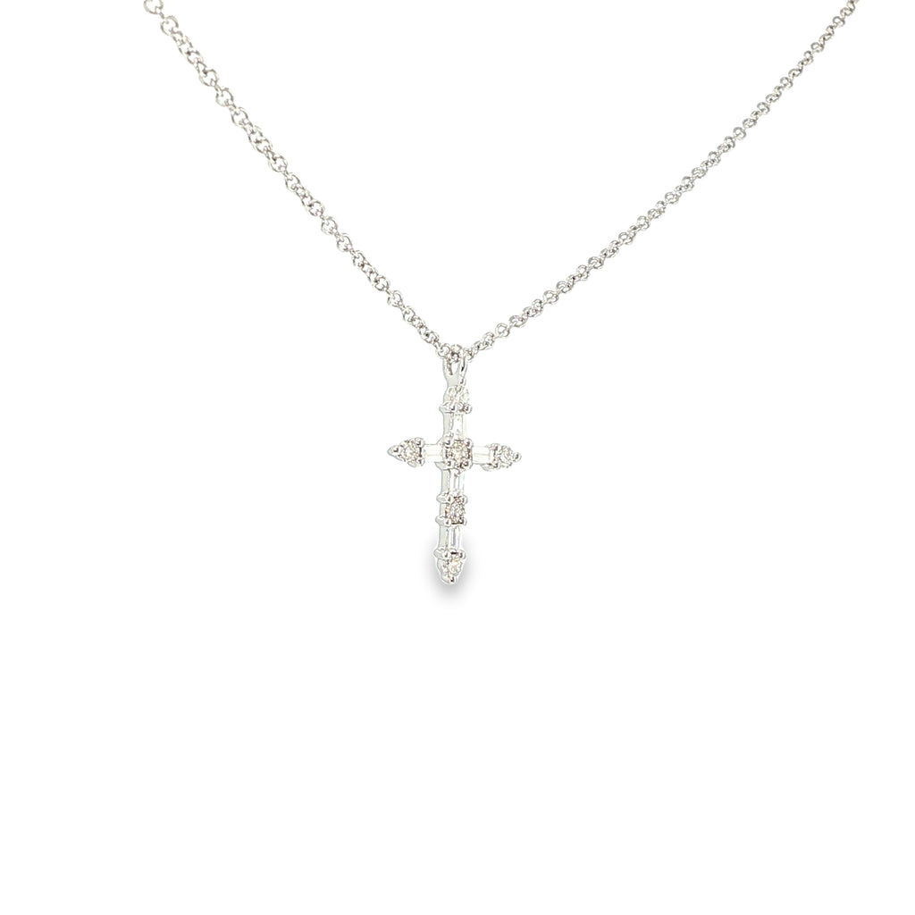 14K white gold cross necklace set with round brilliant diamonds.