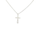 14K white gold cross necklace set with round brilliant diamonds.