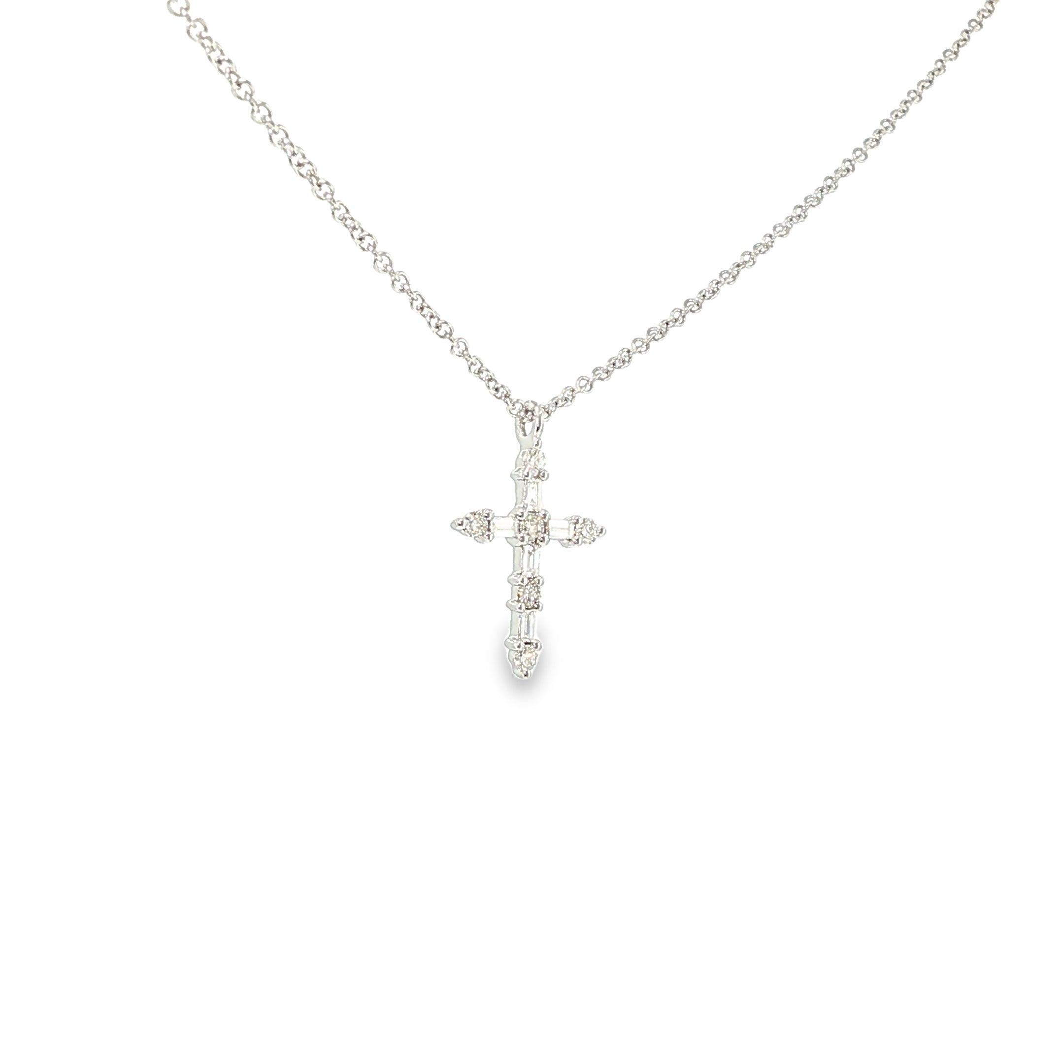 14K white gold cross necklace set with round brilliant diamonds.