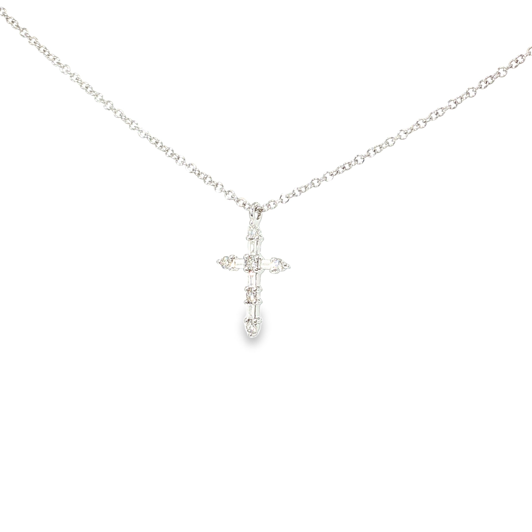 14K white gold cross necklace set with round brilliant diamonds.