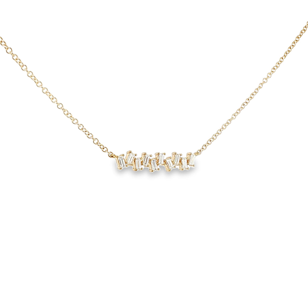14K yellow gold curved bar necklace with a horizontal row of baguette diamonds.