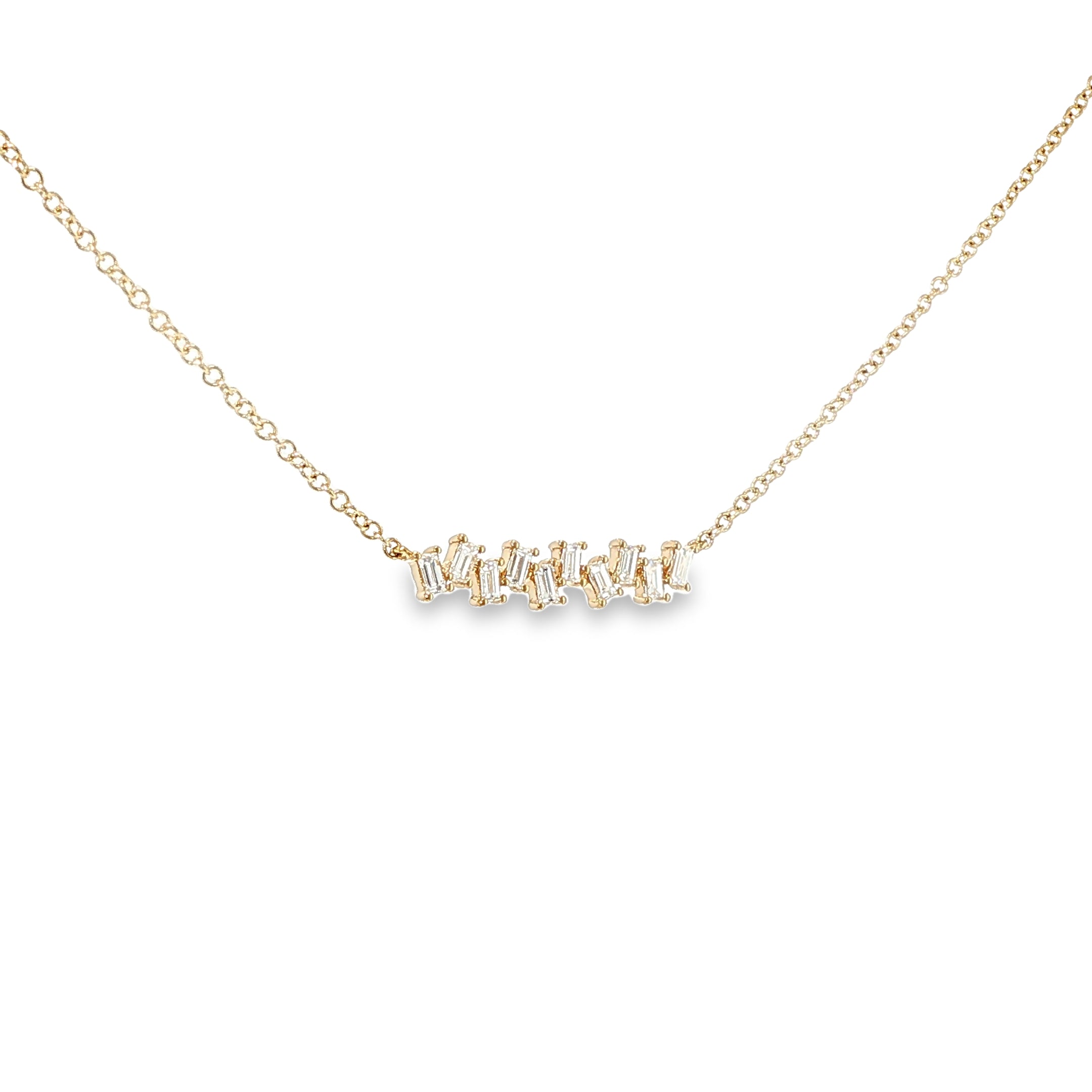 14K yellow gold curved bar necklace with a horizontal row of baguette diamonds.