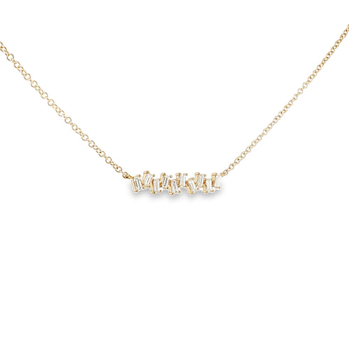 14K yellow gold curved bar necklace with a horizontal row of baguette diamonds.