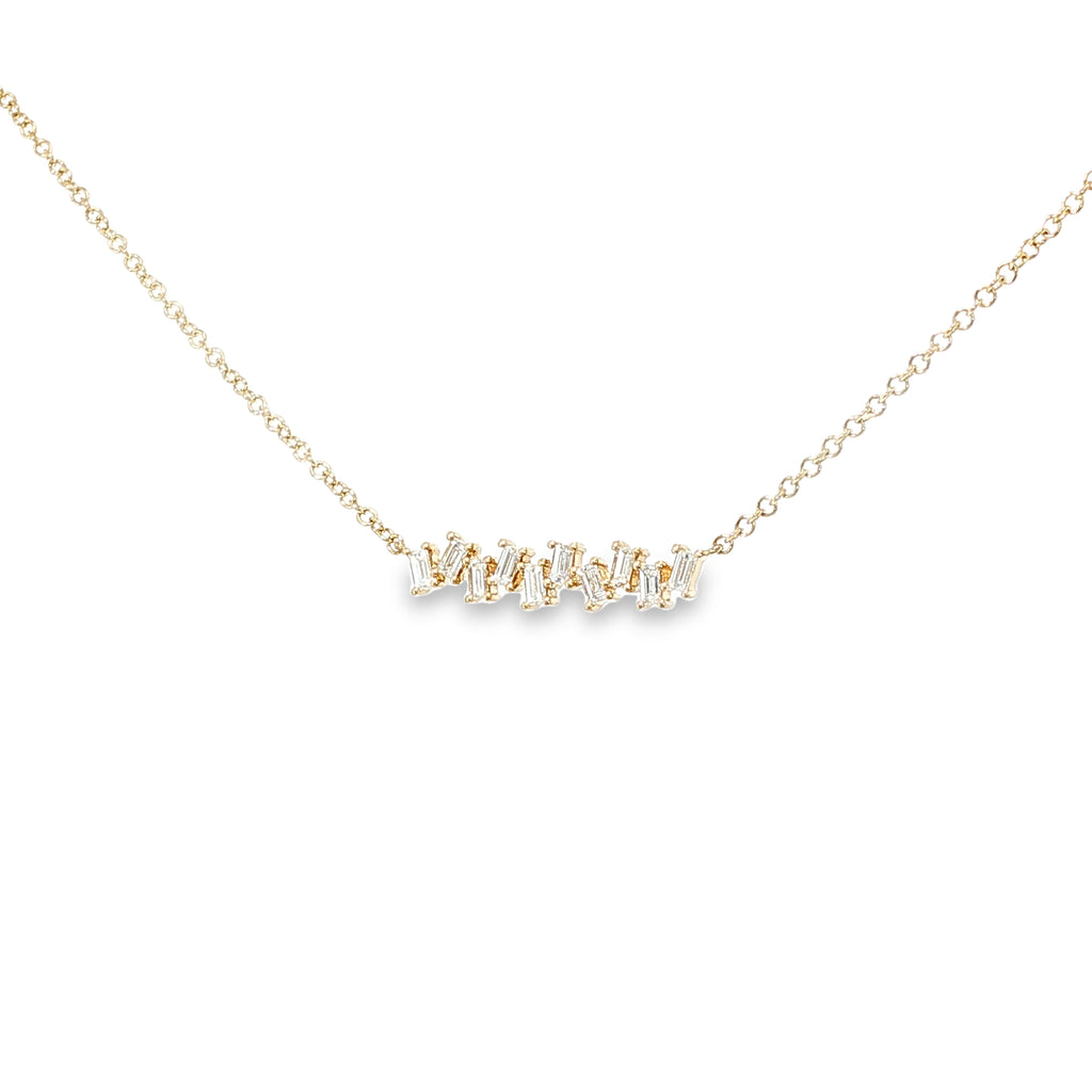 14K yellow gold curved bar necklace with a horizontal row of baguette diamonds.