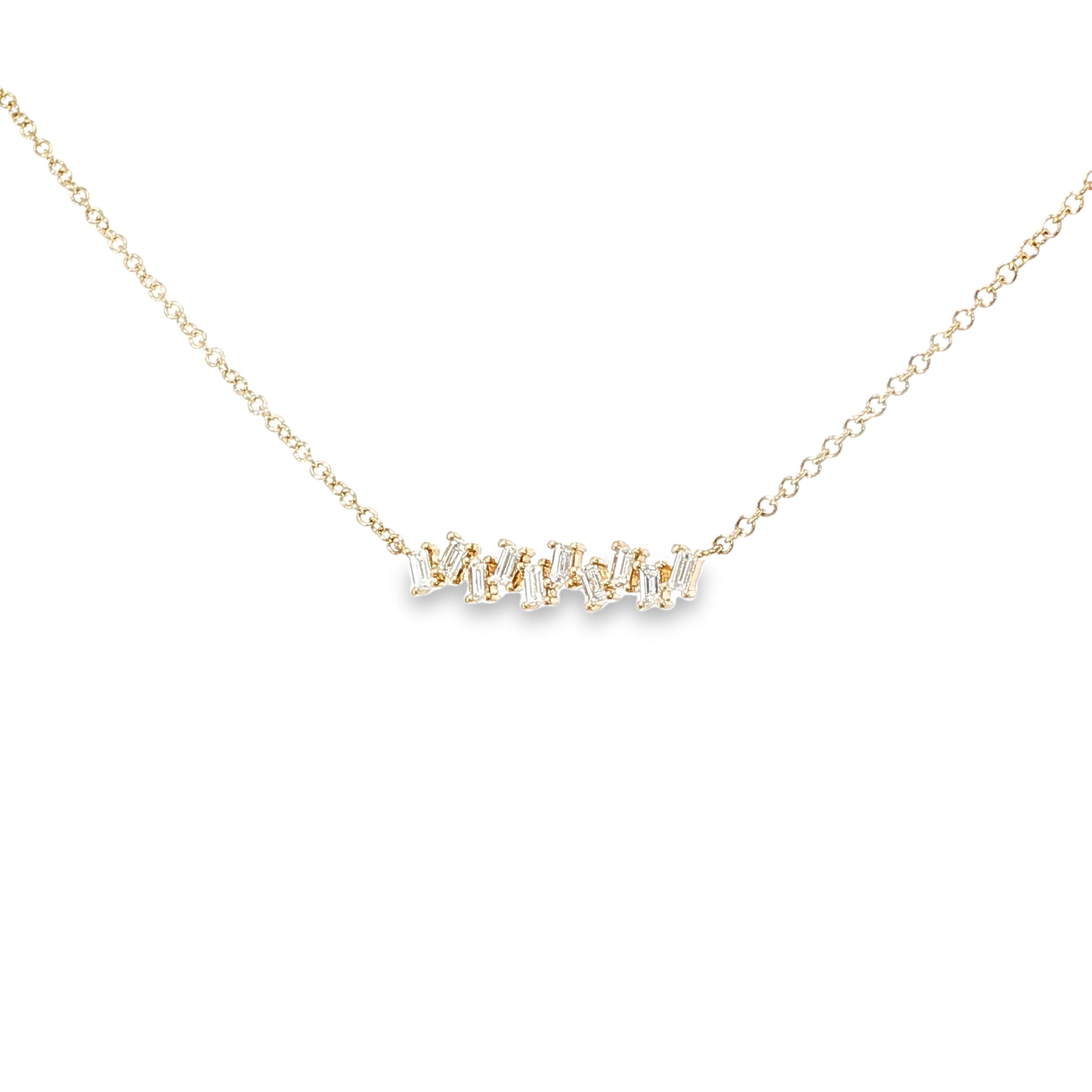 14K yellow gold curved bar necklace with a horizontal row of baguette diamonds.
