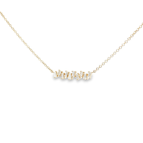 14K yellow gold curved bar necklace with a horizontal row of baguette diamonds.