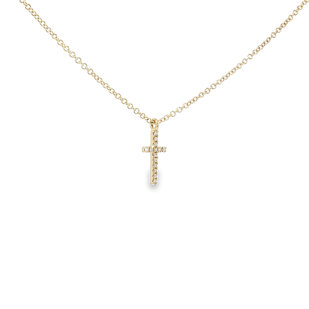 14K yellow gold slim cross necklace set with a row of diamonds.