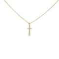 14K yellow gold slim cross necklace set with a row of diamonds.