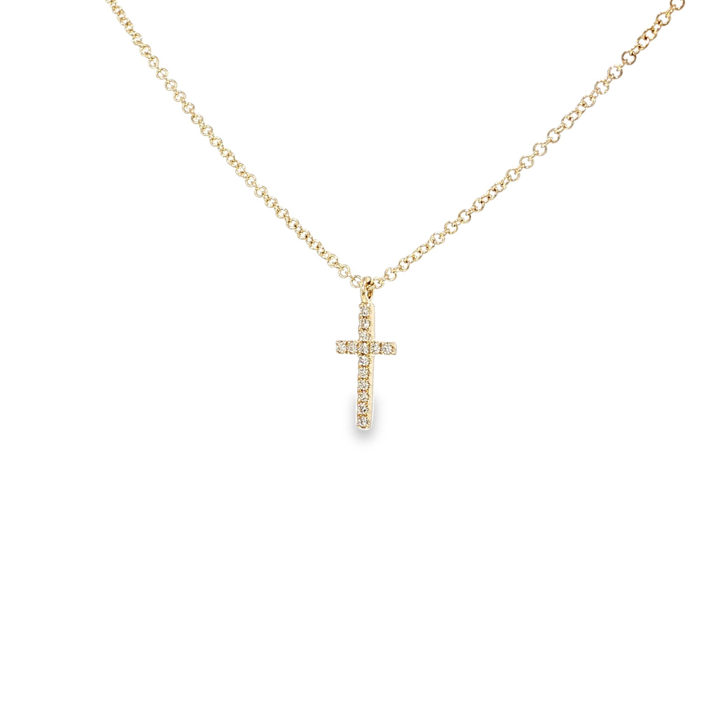 14K yellow gold slim cross necklace set with a row of diamonds.